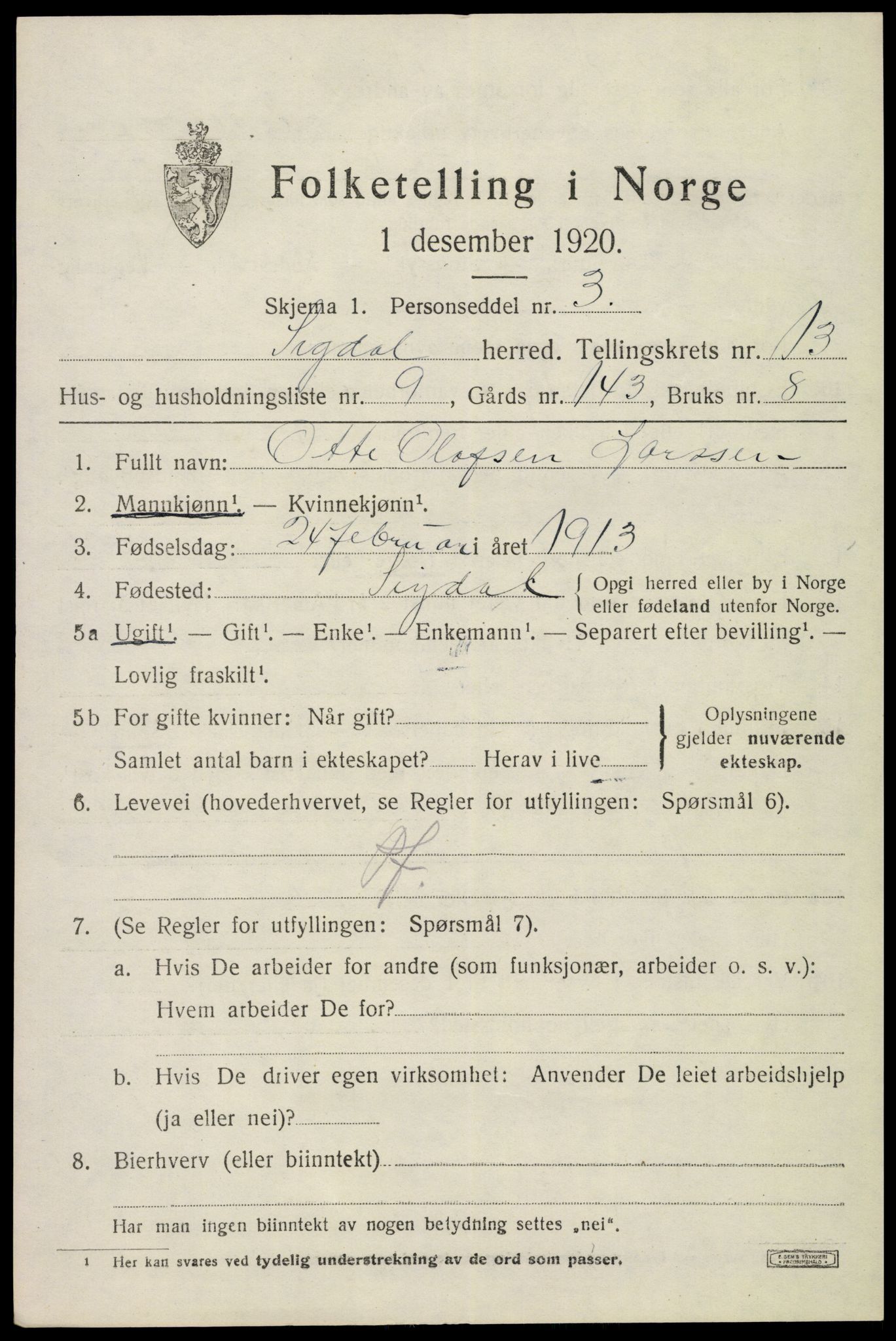 SAKO, 1920 census for Sigdal, 1920, p. 8152