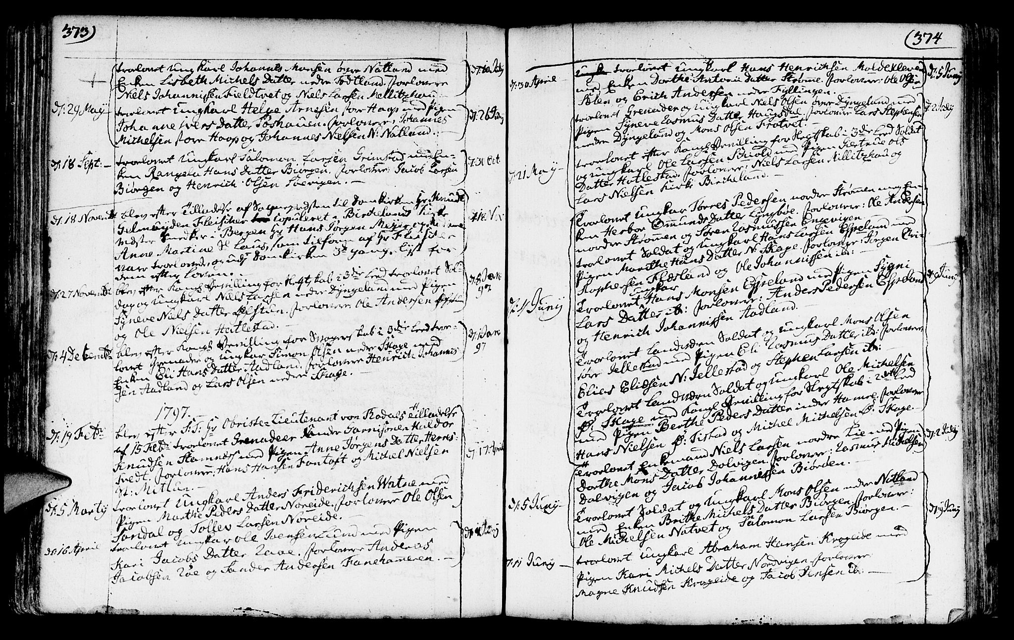 Fana Sokneprestembete, SAB/A-75101/H/Haa/Haaa/L0005: Parish register (official) no. A 5, 1773-1799, p. 373-374