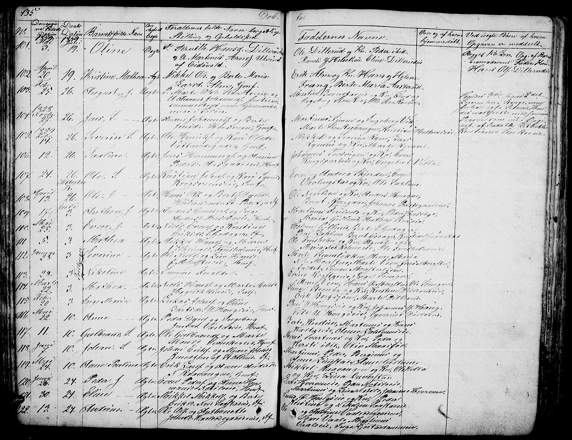 Stange prestekontor, AV/SAH-PREST-002/L/L0003: Parish register (copy) no. 3, 1840-1864, p. 135