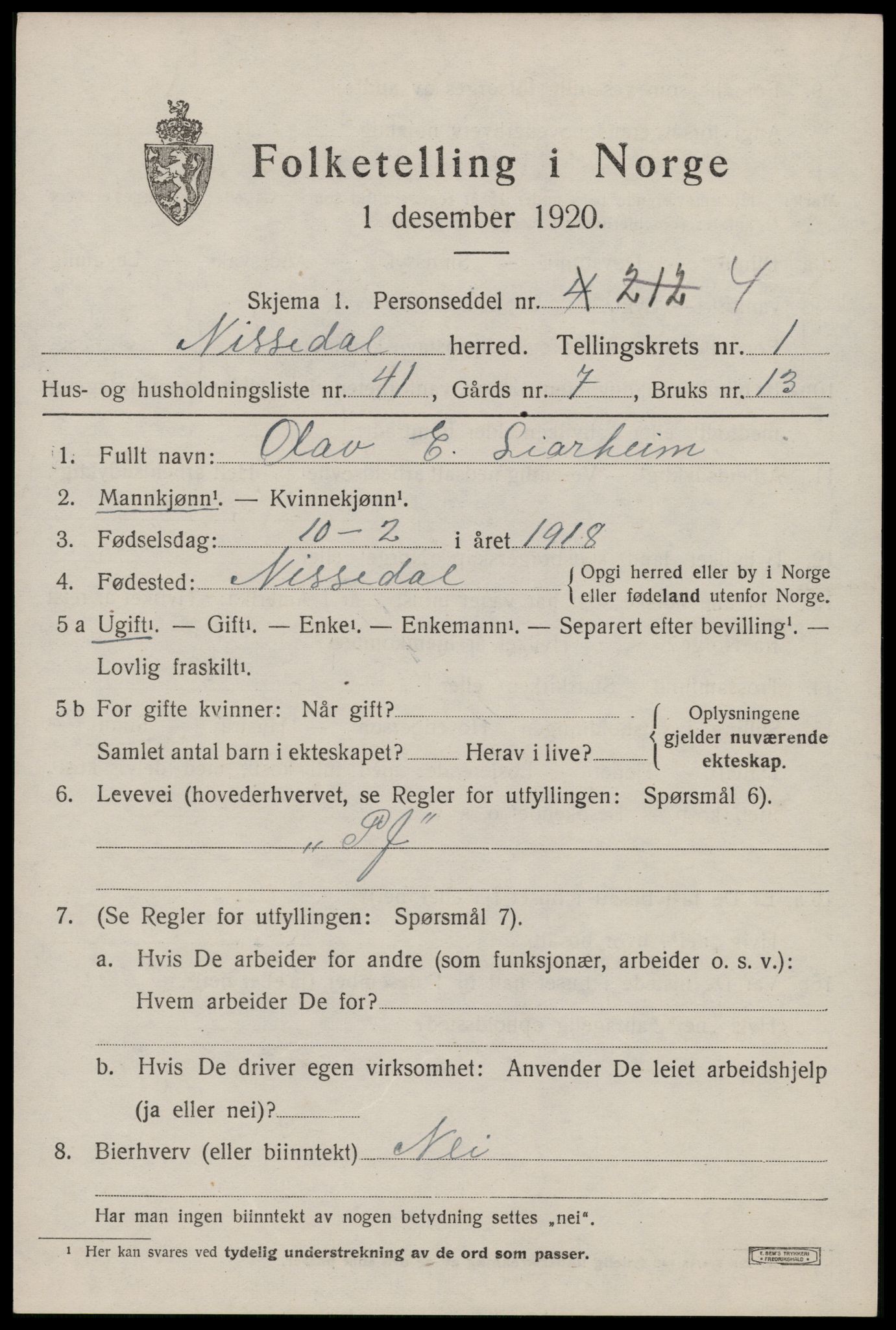 SAKO, 1920 census for Nissedal, 1920, p. 1257