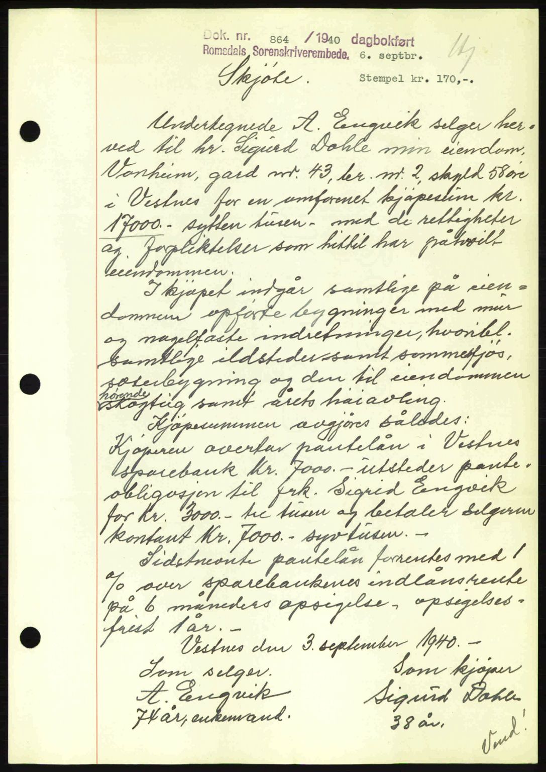 Romsdal sorenskriveri, AV/SAT-A-4149/1/2/2C: Mortgage book no. A8, 1939-1940, Diary no: : 864/1940