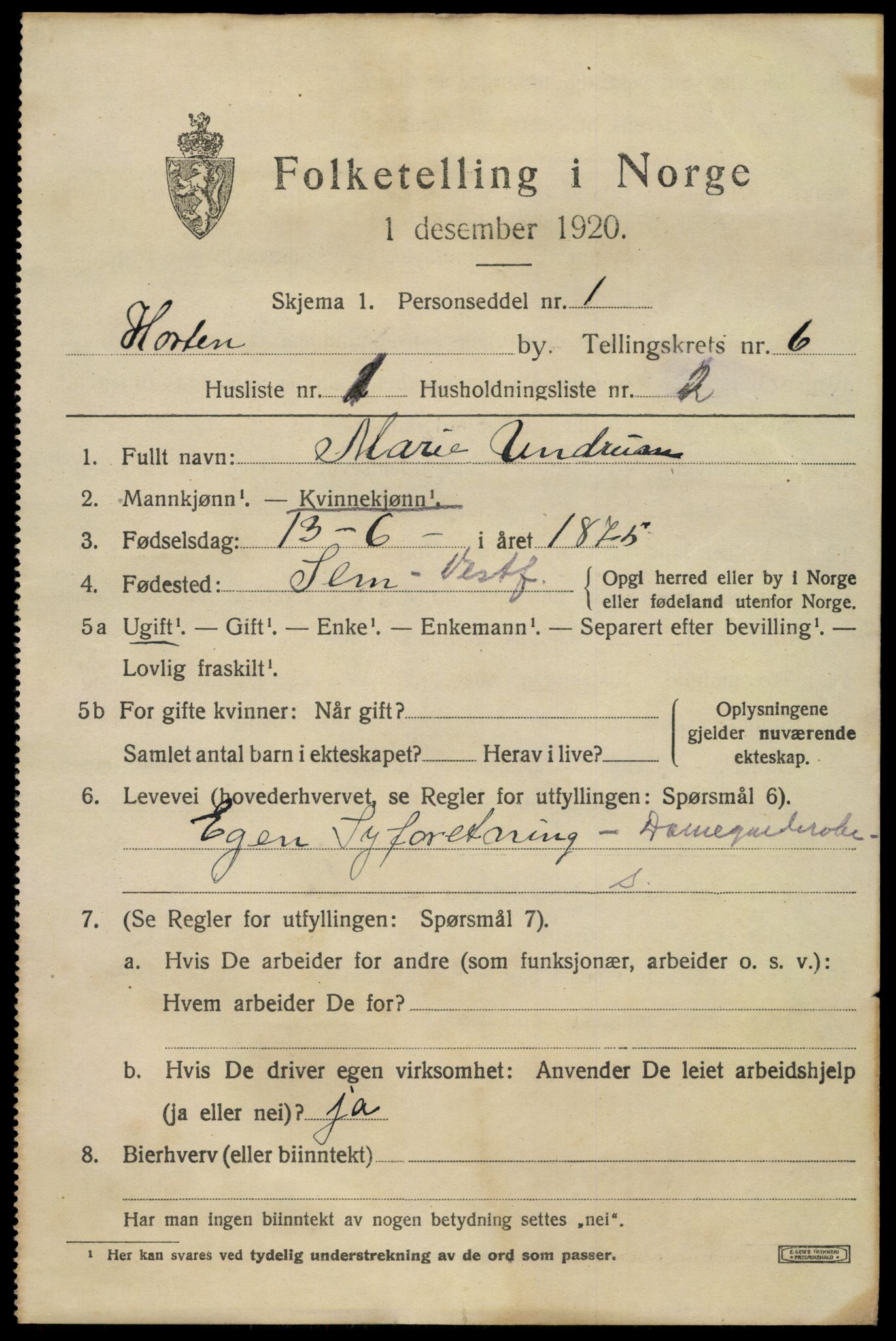 SAKO, 1920 census for Horten, 1920, p. 22269