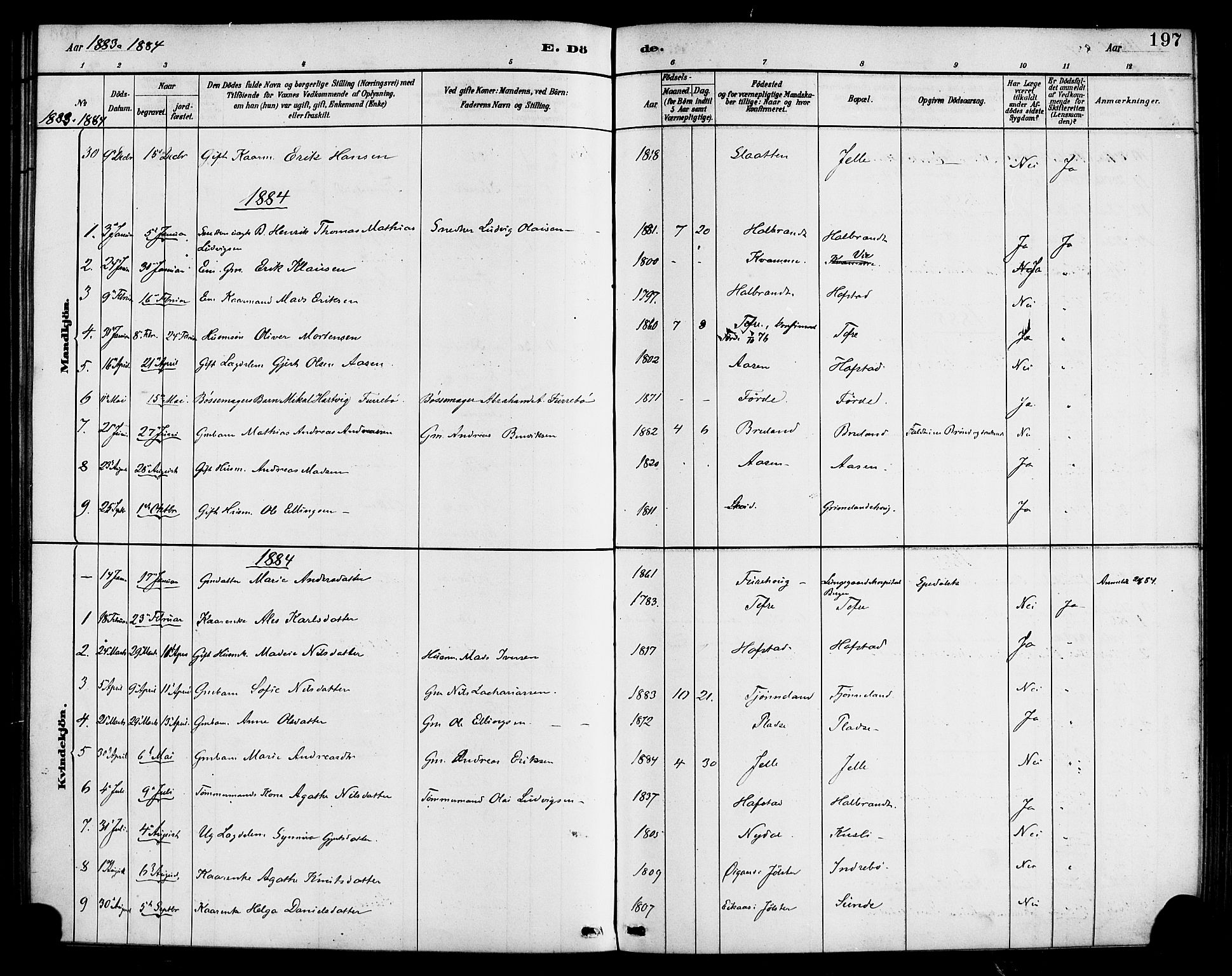 Førde sokneprestembete, AV/SAB-A-79901/H/Haa/Haab/L0001: Parish register (official) no. B 1, 1880-1898, p. 197