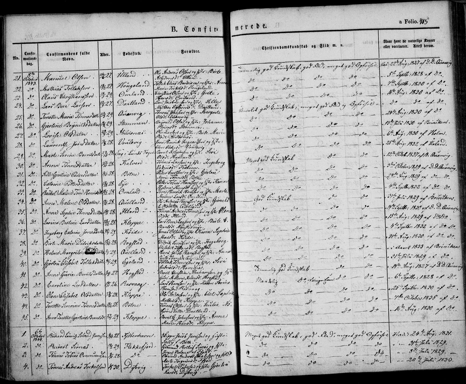 Flekkefjord sokneprestkontor, AV/SAK-1111-0012/F/Fa/Fac/L0004: Parish register (official) no. A 4, 1841-1849, p. 415