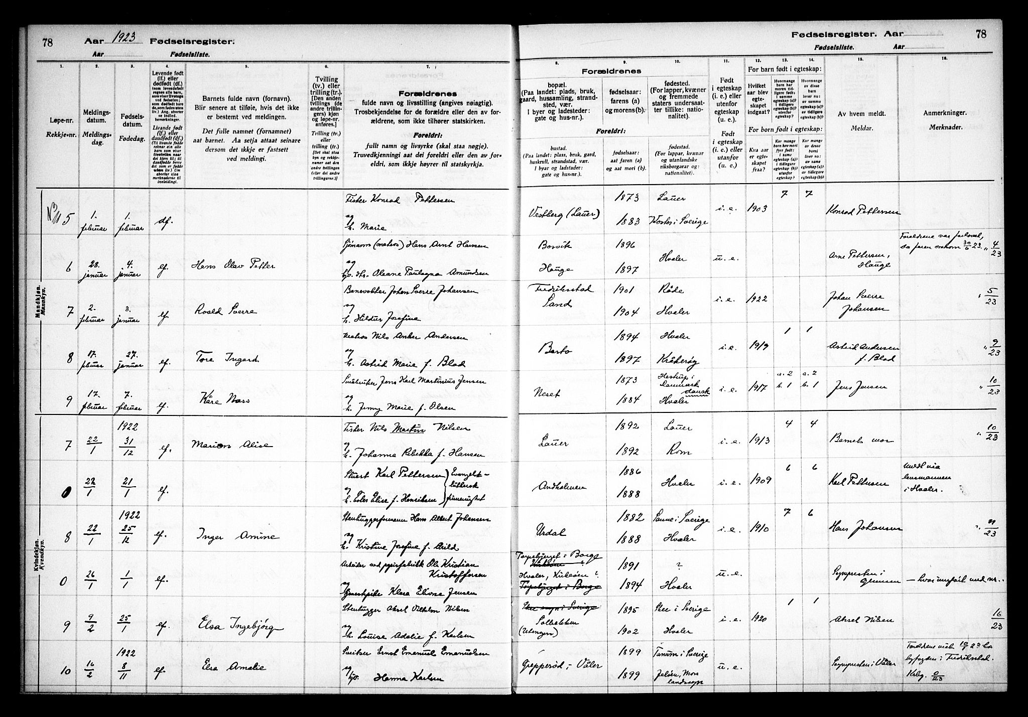 Hvaler prestekontor Kirkebøker, AV/SAO-A-2001/J/Ja/L0001: Birth register no. I 1, 1916-1938, p. 78