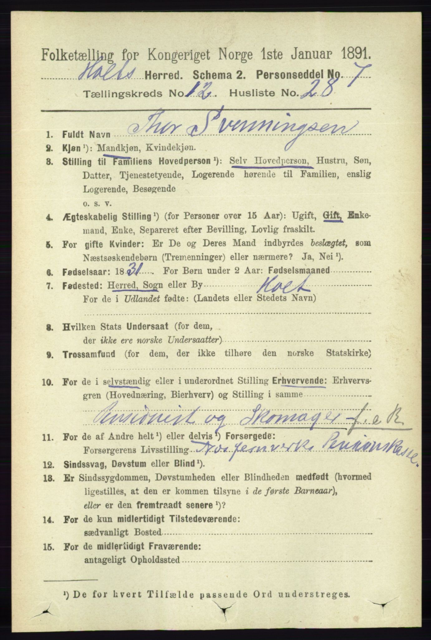 RA, 1891 census for 0914 Holt, 1891, p. 5285