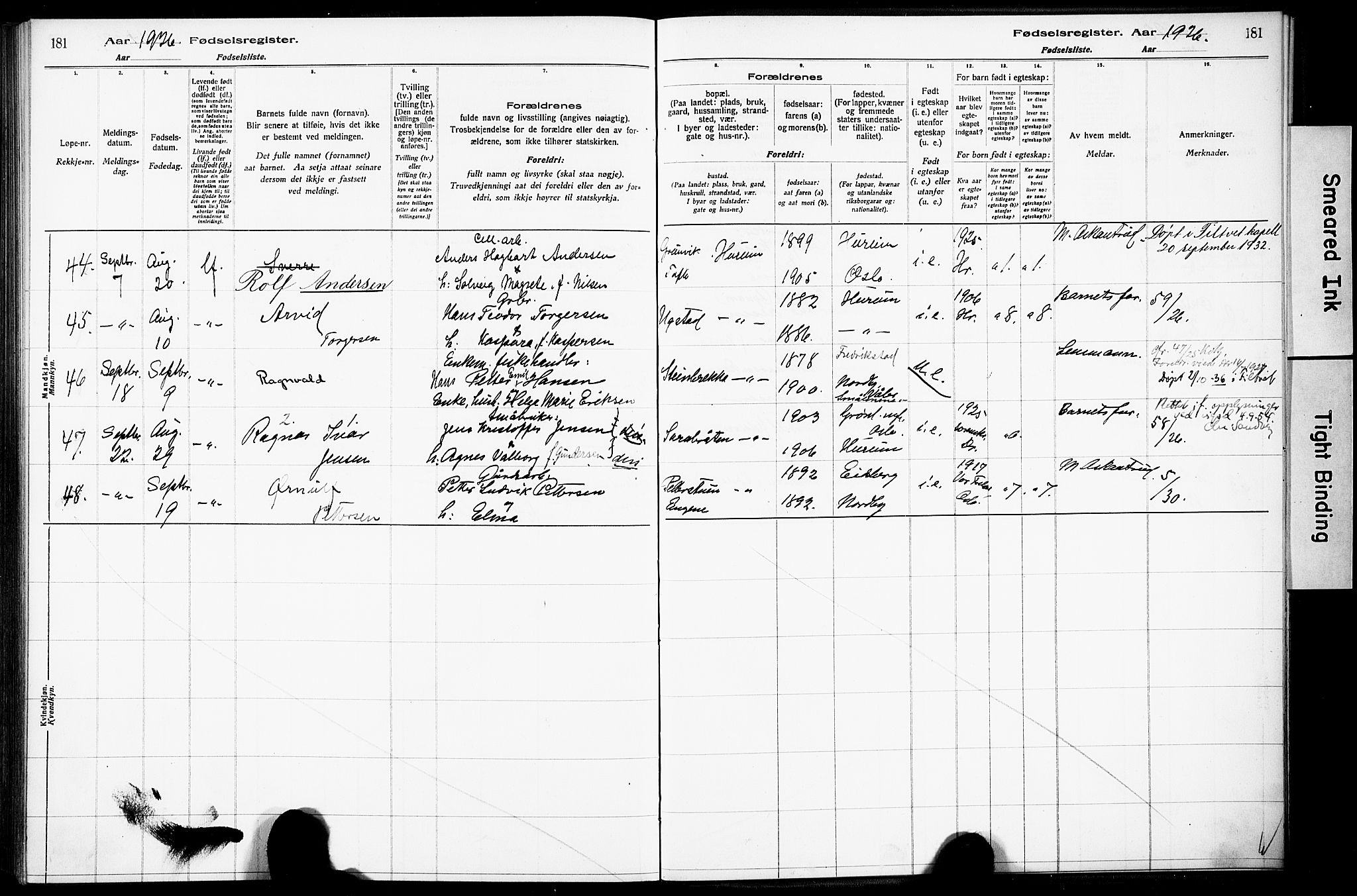 Hurum kirkebøker, AV/SAKO-A-229/J/Ja/L0001: Birth register no. 1, 1916-1928, p. 181