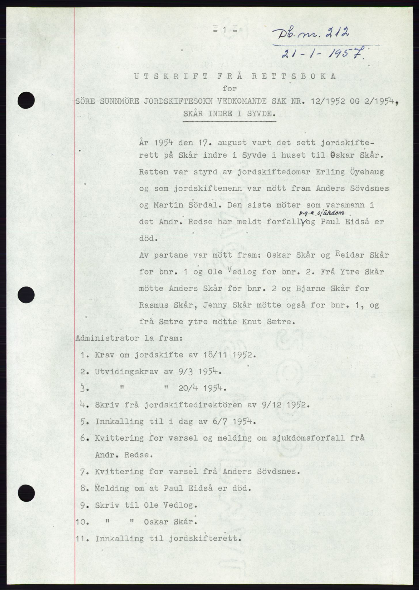 Søre Sunnmøre sorenskriveri, AV/SAT-A-4122/1/2/2C/L0105: Mortgage book no. 31A, 1956-1957, Diary no: : 212/1957