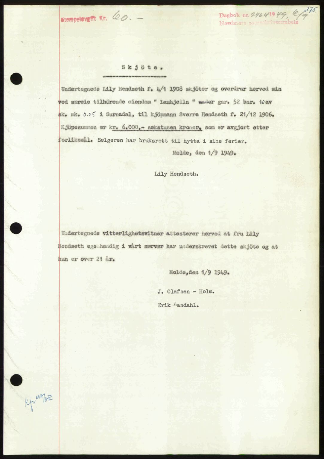 Nordmøre sorenskriveri, AV/SAT-A-4132/1/2/2Ca: Mortgage book no. A112, 1949-1949, Diary no: : 2464/1949