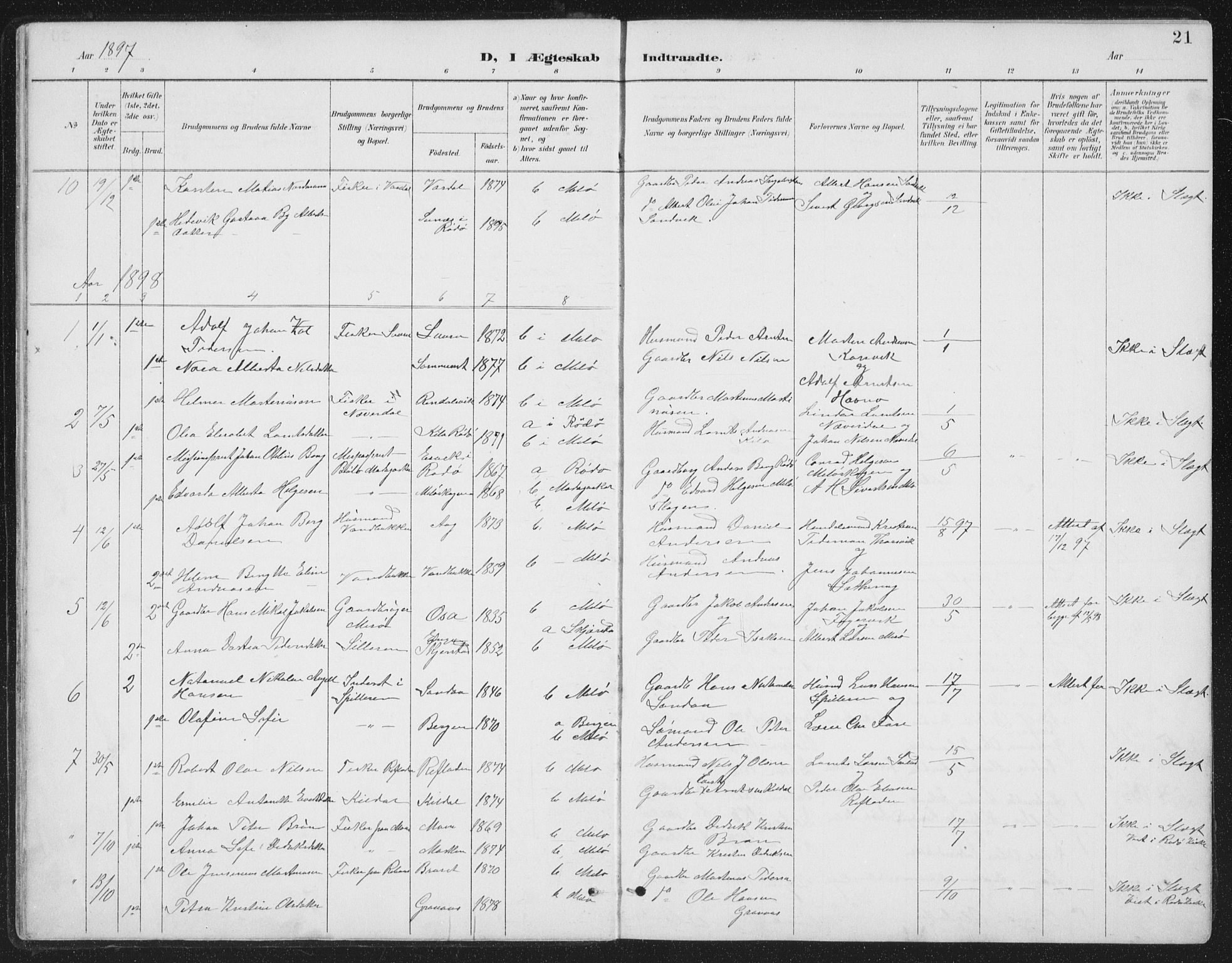 Ministerialprotokoller, klokkerbøker og fødselsregistre - Nordland, AV/SAT-A-1459/843/L0638: Parish register (copy) no. 843C07, 1888-1907, p. 21