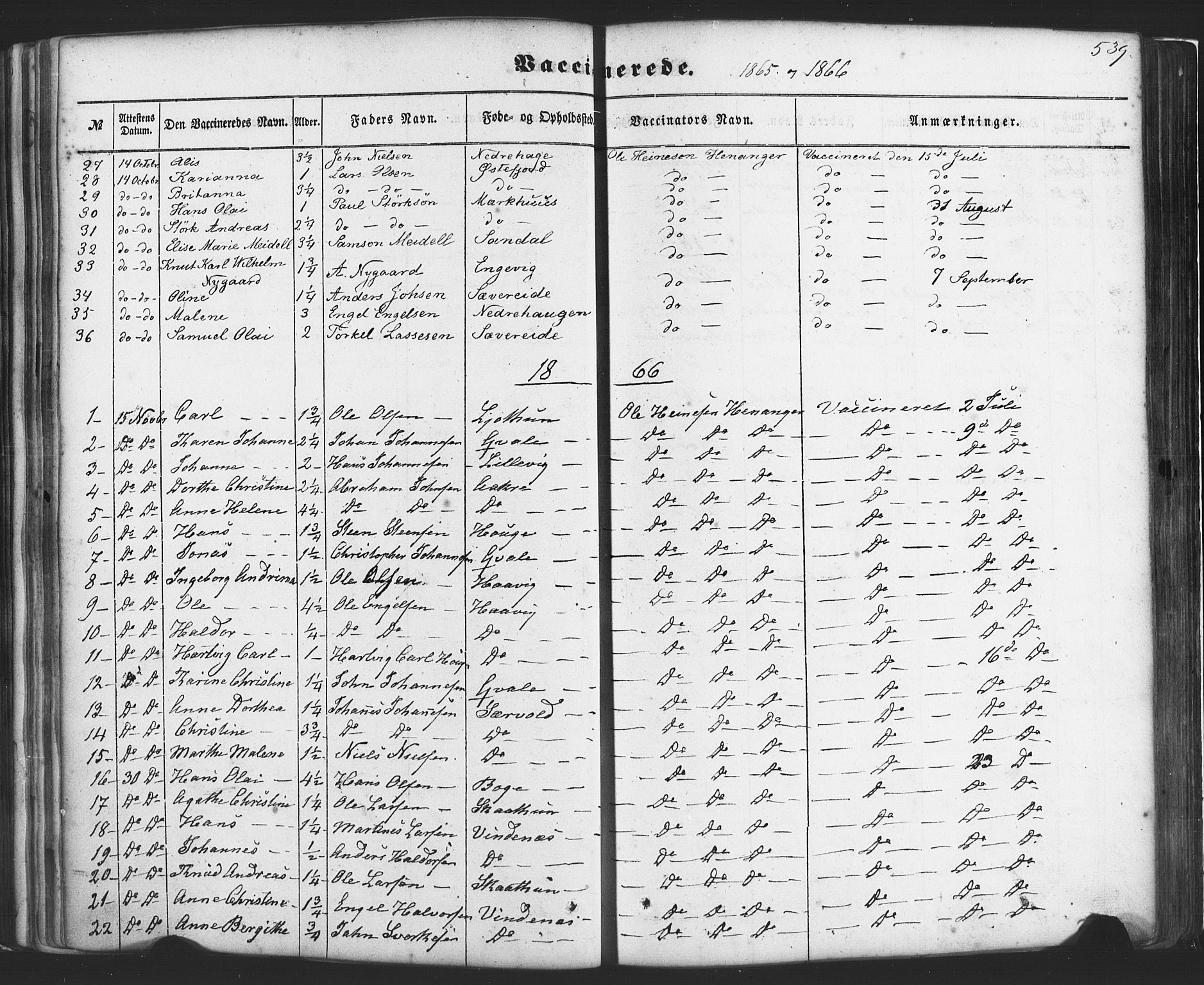 Fusa sokneprestembete, SAB/A-75401/H/Haa: Parish register (official) no. A 1II, 1855-1879, p. 539