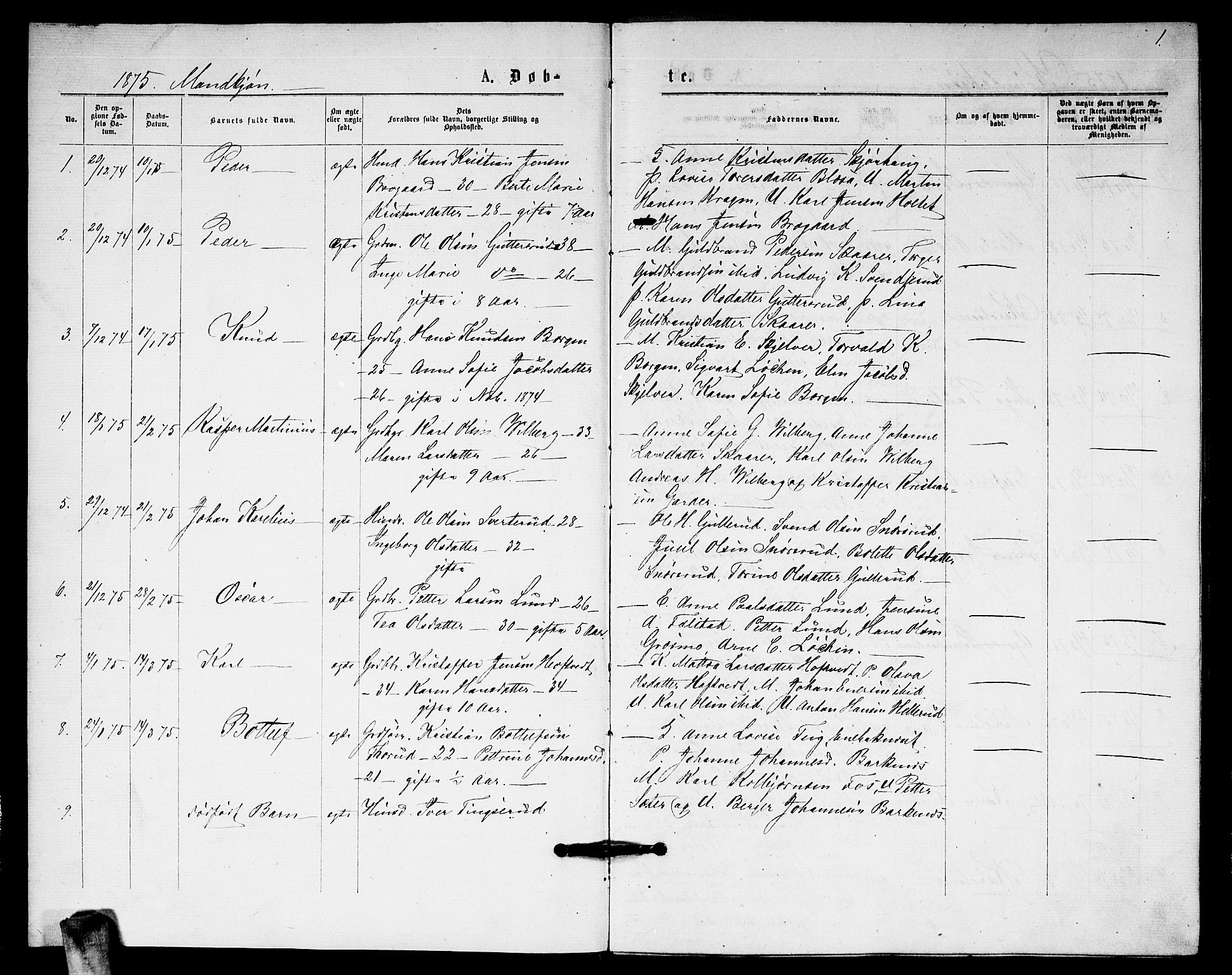 Fet prestekontor Kirkebøker, SAO/A-10370a/G/Ga/L0005: Parish register (copy) no. I 5, 1875-1877, p. 1