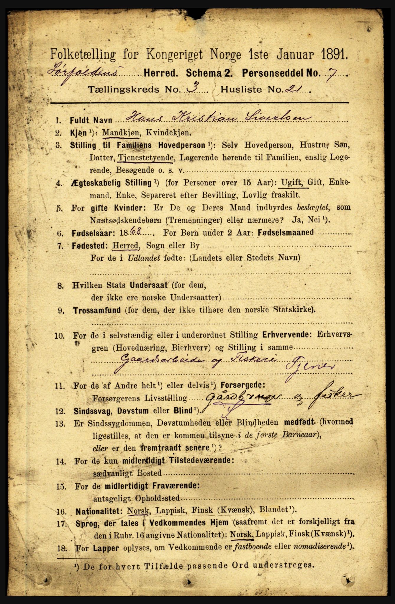 RA, 1891 census for 1845 Sørfold, 1891, p. 590