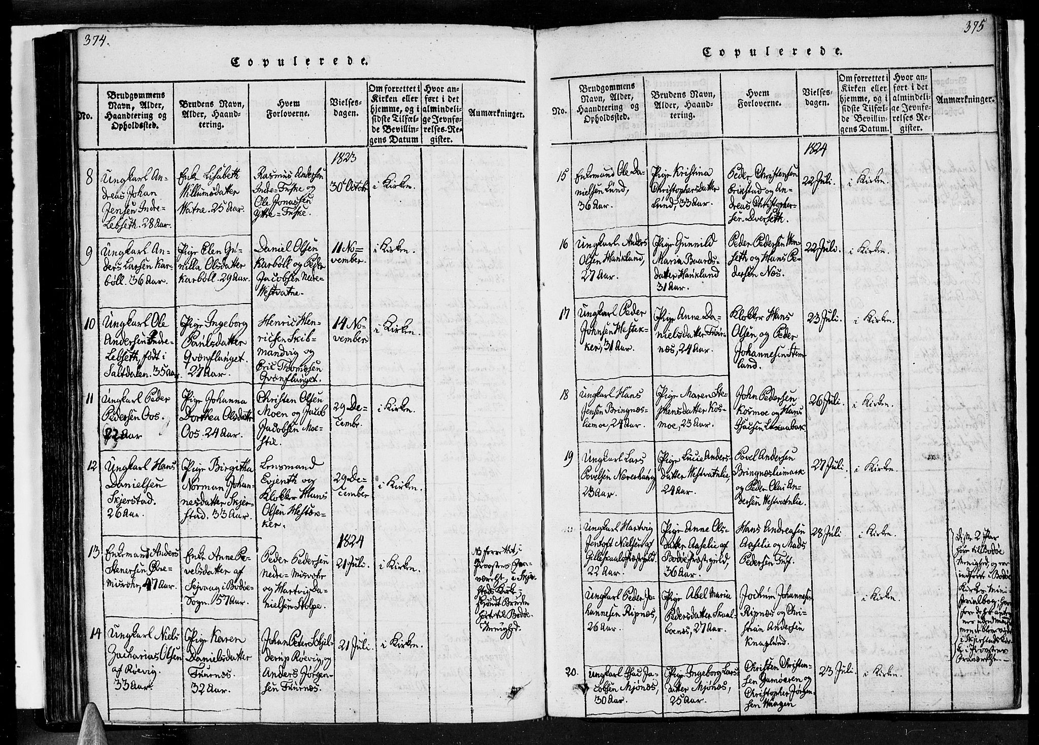 Ministerialprotokoller, klokkerbøker og fødselsregistre - Nordland, SAT/A-1459/852/L0736: Parish register (official) no. 852A06, 1820-1833, p. 374-375