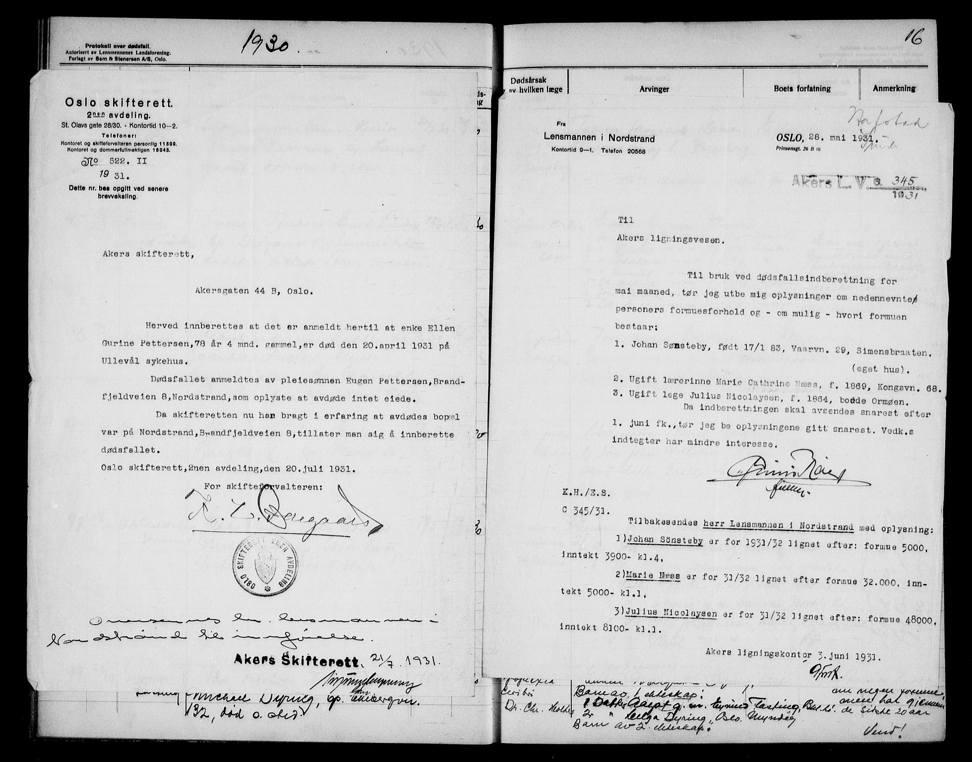 Aker kriminaldommer, skifte- og auksjonsforvalterembete, AV/SAO-A-10452/H/Hb/Hba/Hbad/L0002: Dødsfallsprotokoll for Nordstrand, 1930-1937, p. 16