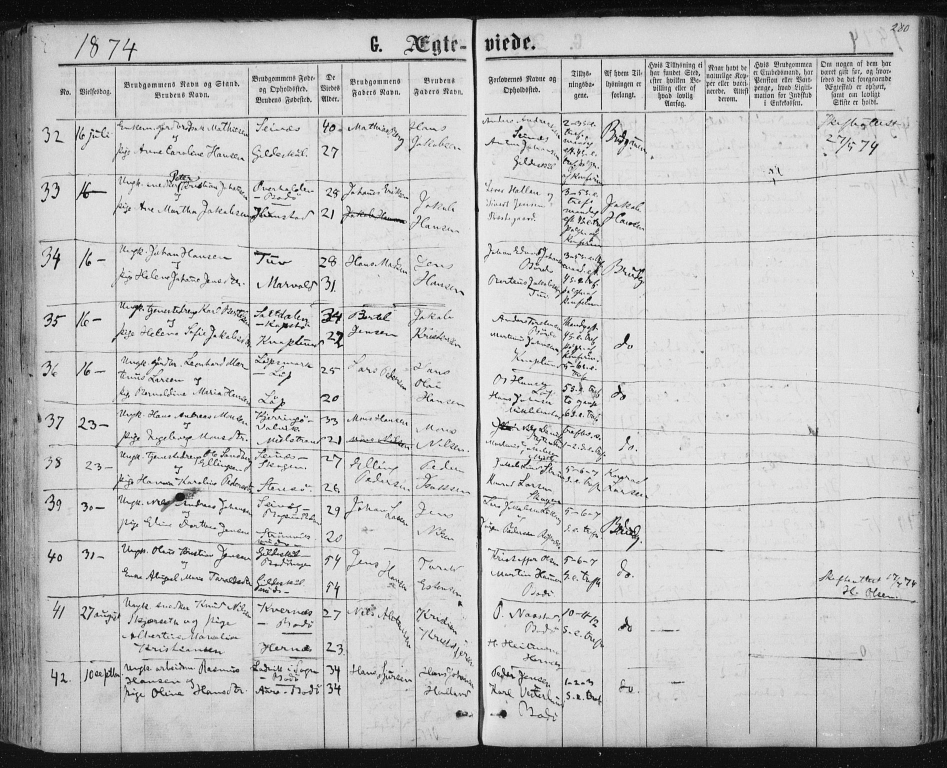 Ministerialprotokoller, klokkerbøker og fødselsregistre - Nordland, AV/SAT-A-1459/801/L0008: Parish register (official) no. 801A08, 1864-1875, p. 280