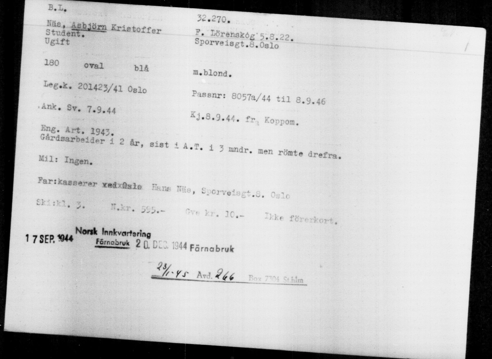 Utenriksstasjonene, Legasjonen i Stockholm, Flyktningkontoret, AV/RA-S-6753/V/Va/L0013: Kjesäterkartoteket, flyktninger med registreringsnr. 31500-34731, 1940-1945, p. 818