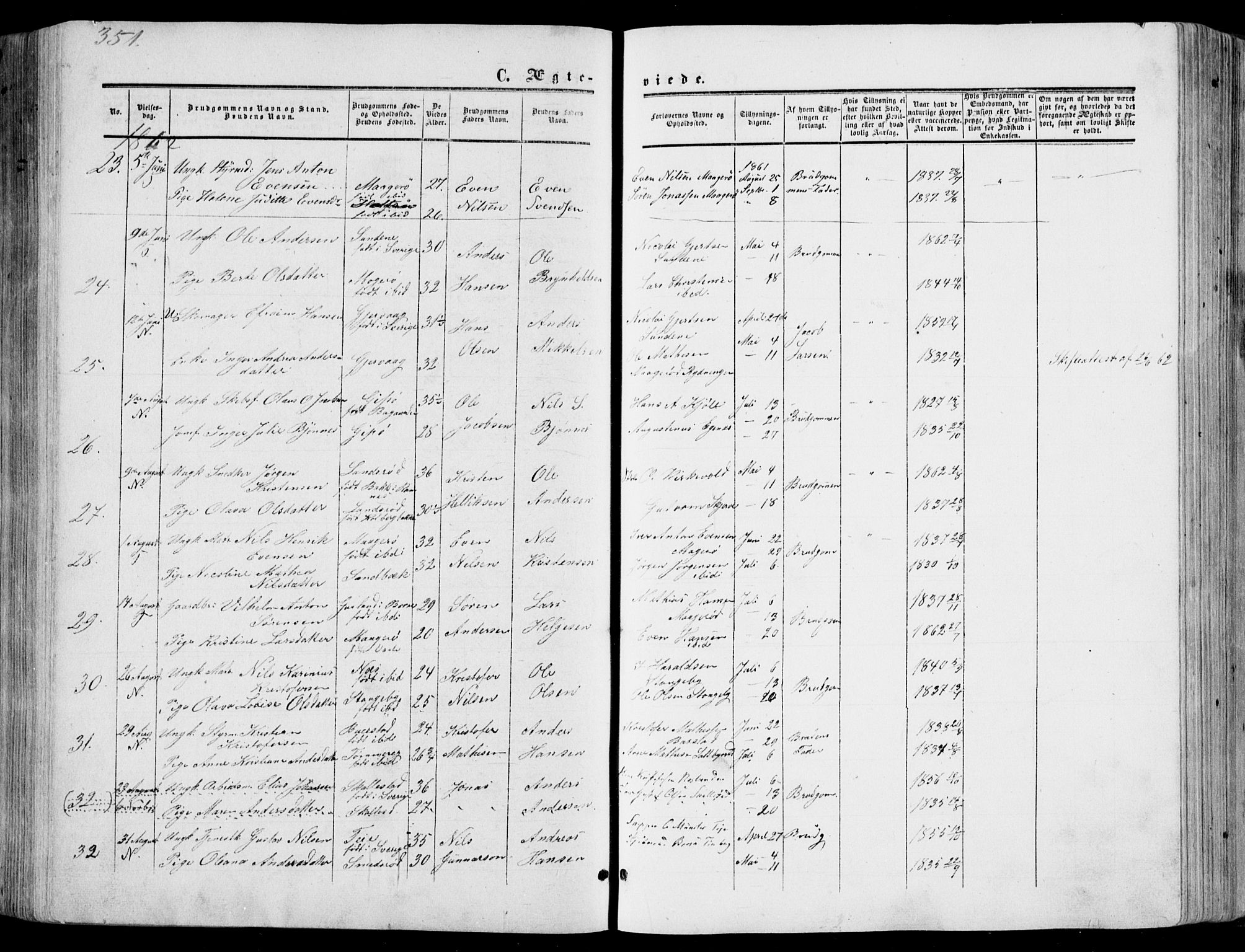 Nøtterøy kirkebøker, AV/SAKO-A-354/F/Fa/L0006: Parish register (official) no. I 6, 1852-1864, p. 351