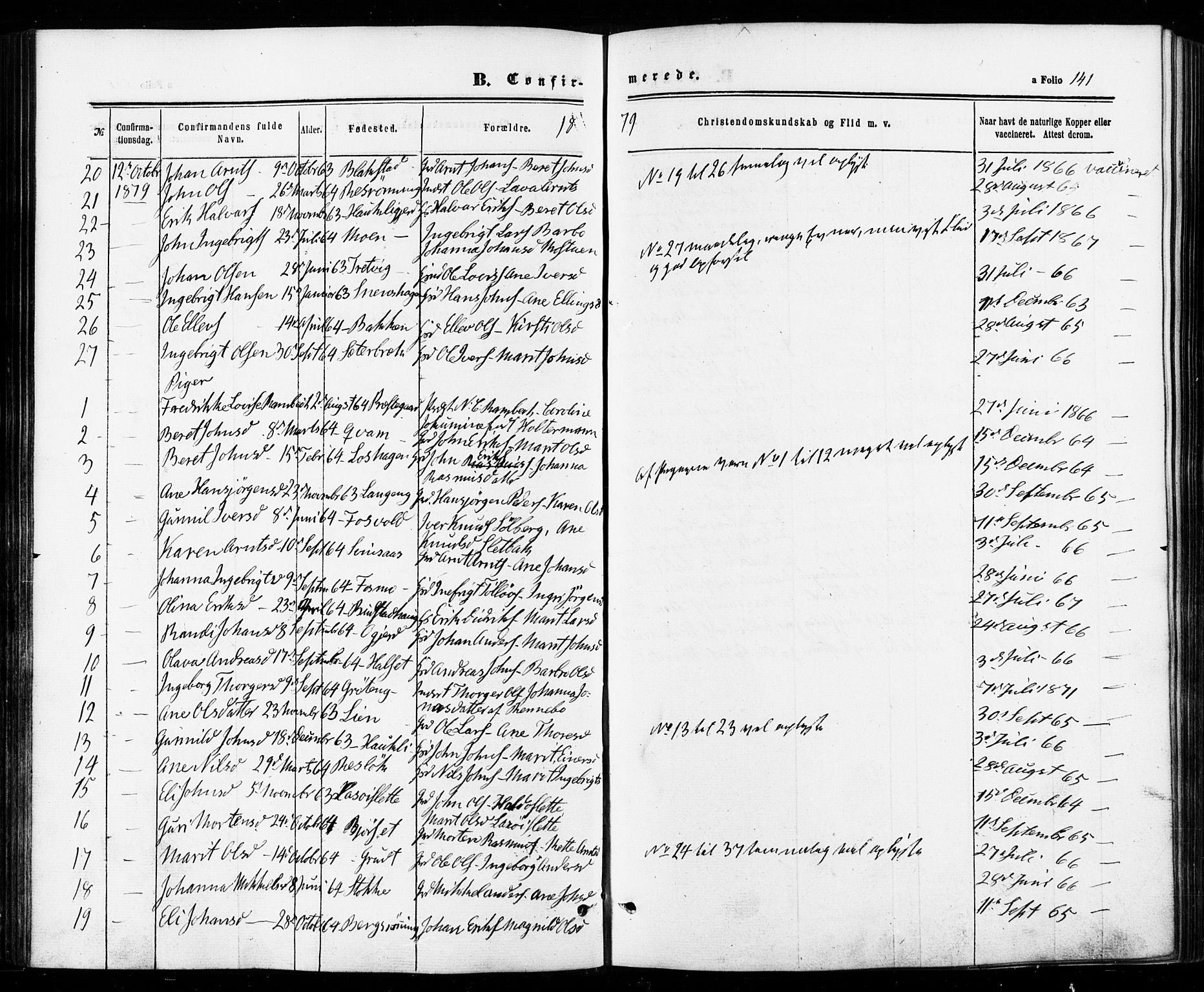 Ministerialprotokoller, klokkerbøker og fødselsregistre - Sør-Trøndelag, SAT/A-1456/672/L0856: Parish register (official) no. 672A08, 1861-1881, p. 141