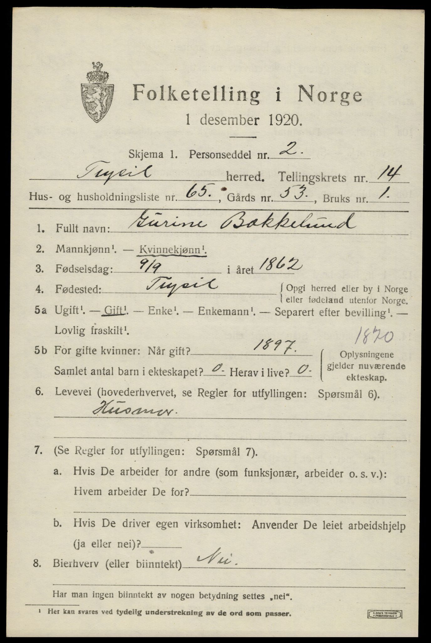SAH, 1920 census for Trysil, 1920, p. 8707