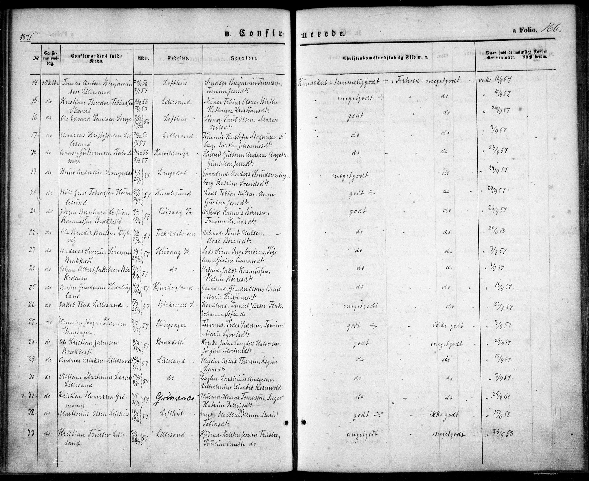 Vestre Moland sokneprestkontor, SAK/1111-0046/F/Fa/Fab/L0007: Parish register (official) no. A 7, 1859-1872, p. 166