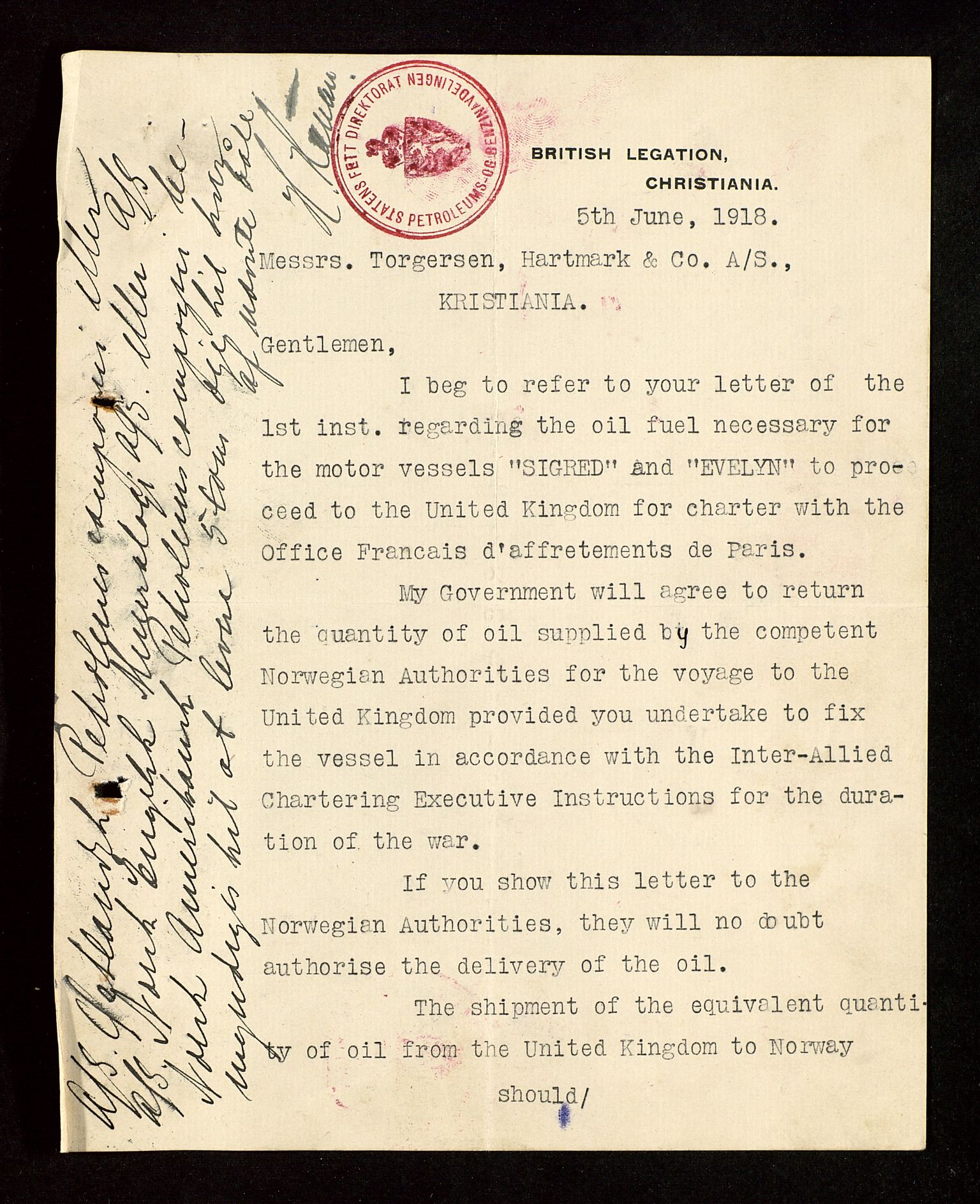 Pa 1521 - A/S Norske Shell, AV/SAST-A-101915/E/Ea/Eaa/L0003: Sjefskorrespondanse, 1918, p. 285