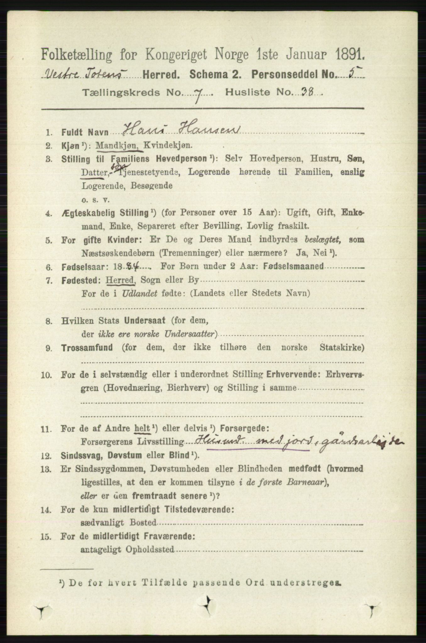 RA, 1891 census for 0529 Vestre Toten, 1891, p. 4589