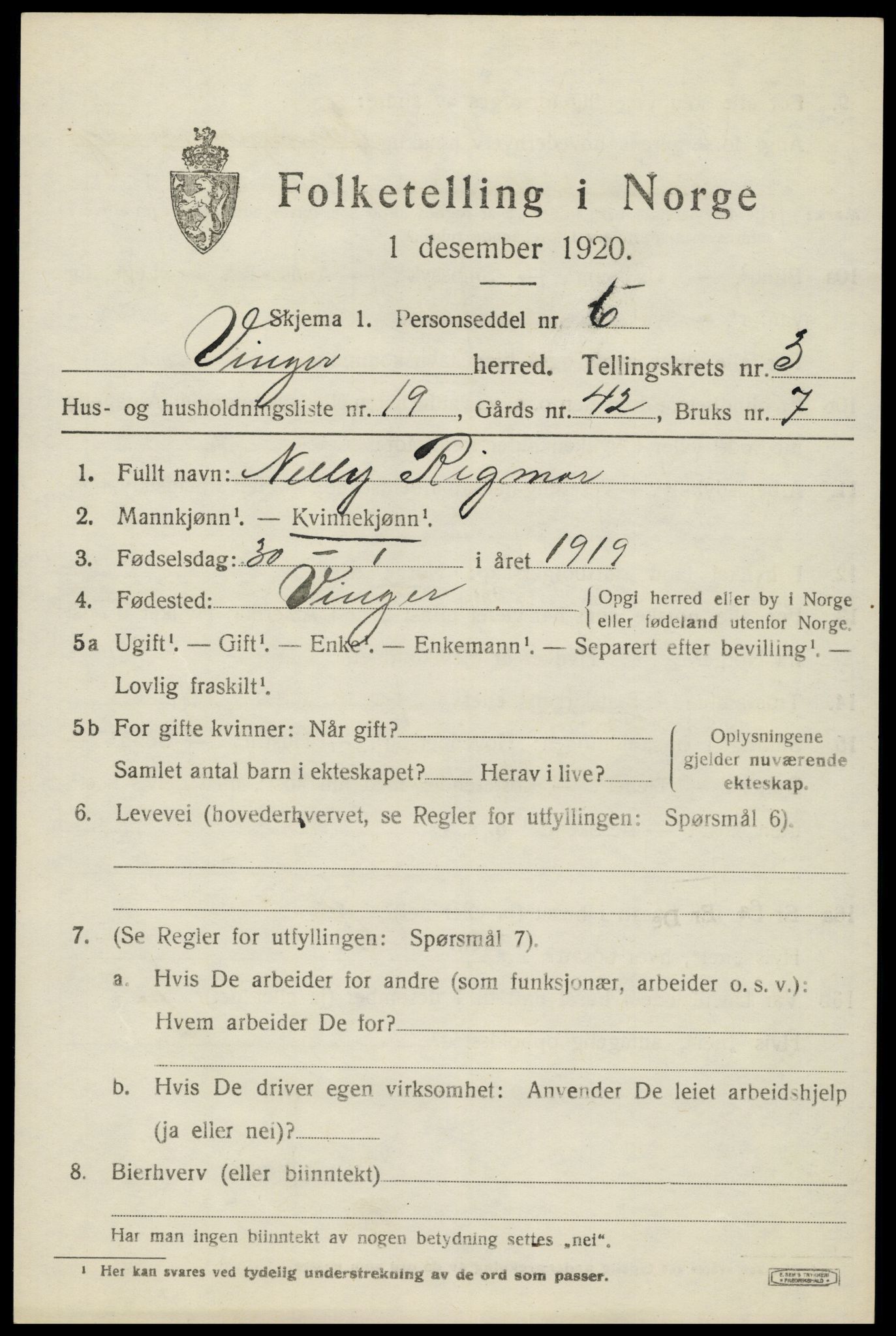 SAH, 1920 census for Vinger, 1920, p. 4794