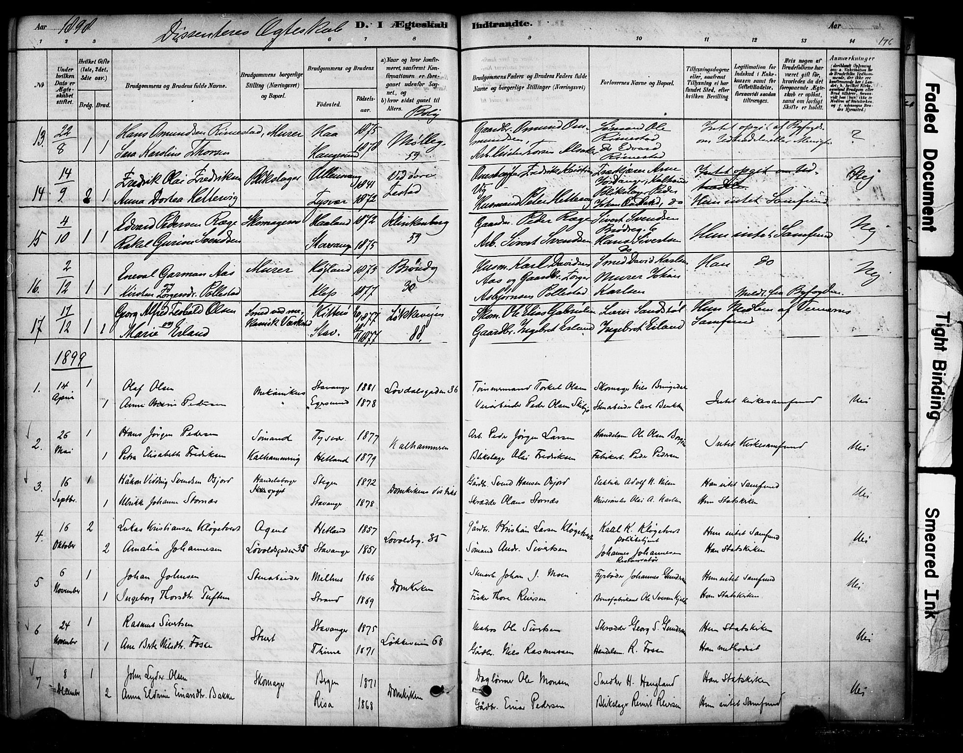 Domkirken sokneprestkontor, SAST/A-101812/001/30/30BA/L0029: Parish register (official) no. A 28, 1878-1904, p. 176