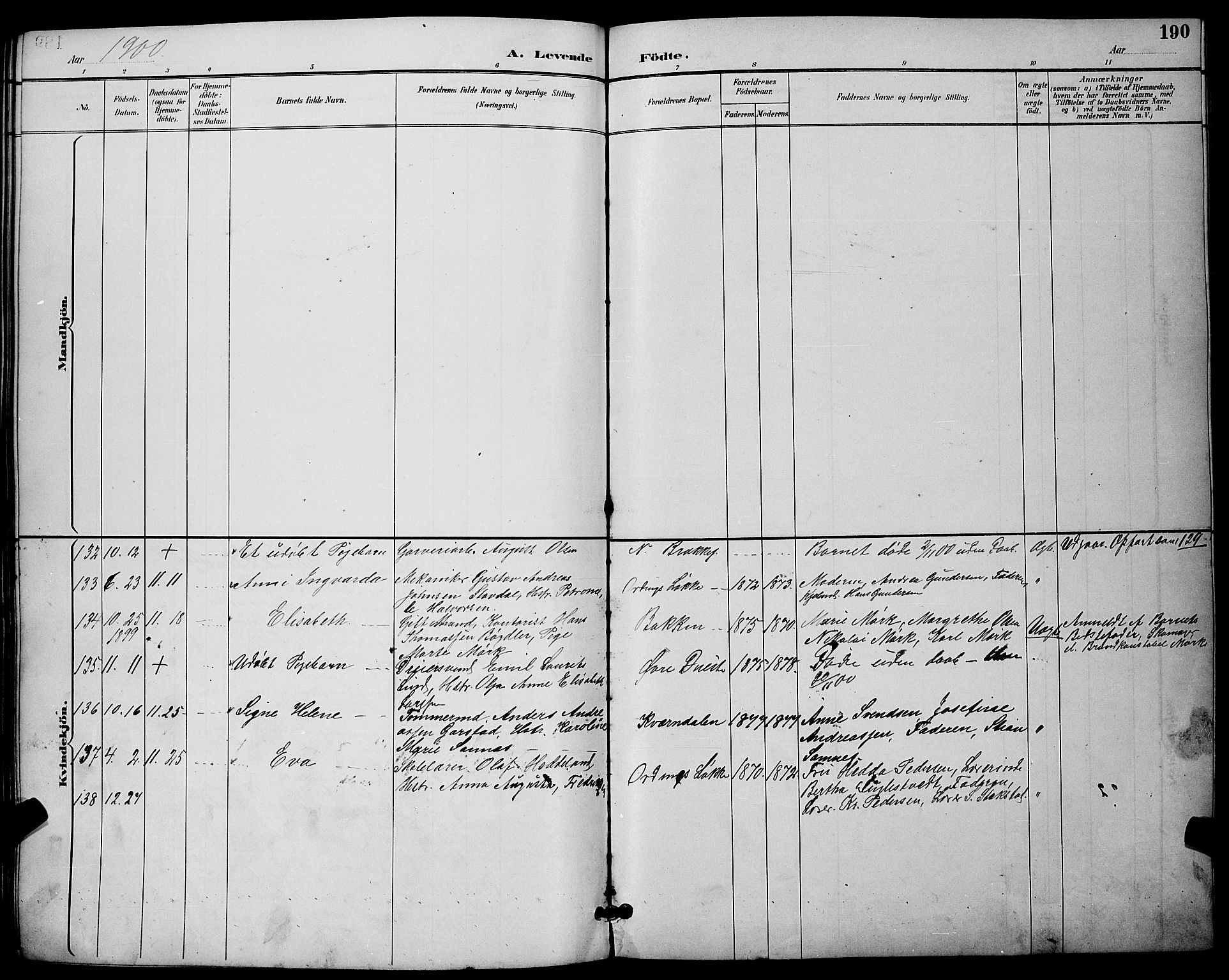 Skien kirkebøker, SAKO/A-302/G/Ga/L0007: Parish register (copy) no. 7, 1891-1900, p. 190