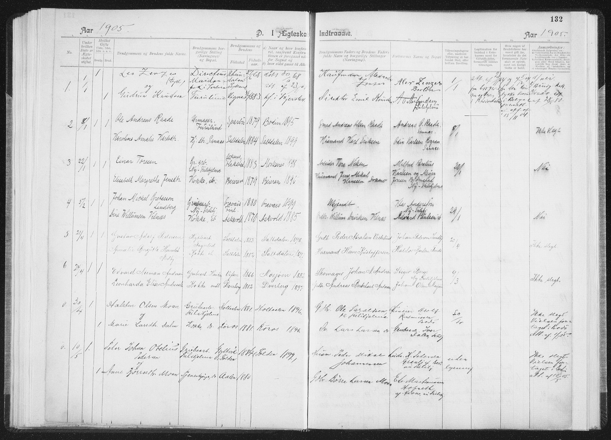 Ministerialprotokoller, klokkerbøker og fødselsregistre - Nordland, SAT/A-1459/850/L0711: Curate's parish register no. 850B01, 1902-1915, p. 132