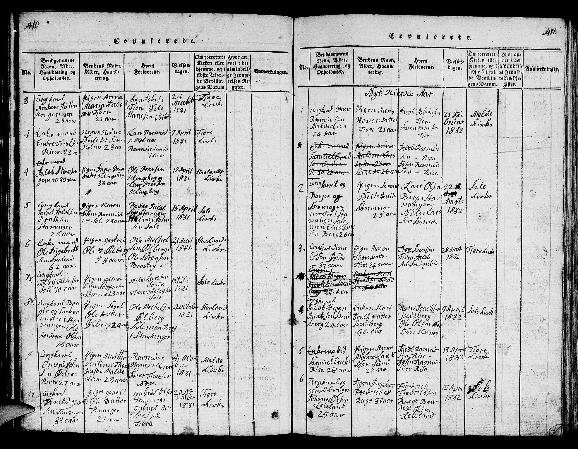 Håland sokneprestkontor, SAST/A-101802/001/30BB/L0001: Parish register (copy) no. B 1, 1815-1845, p. 410-411