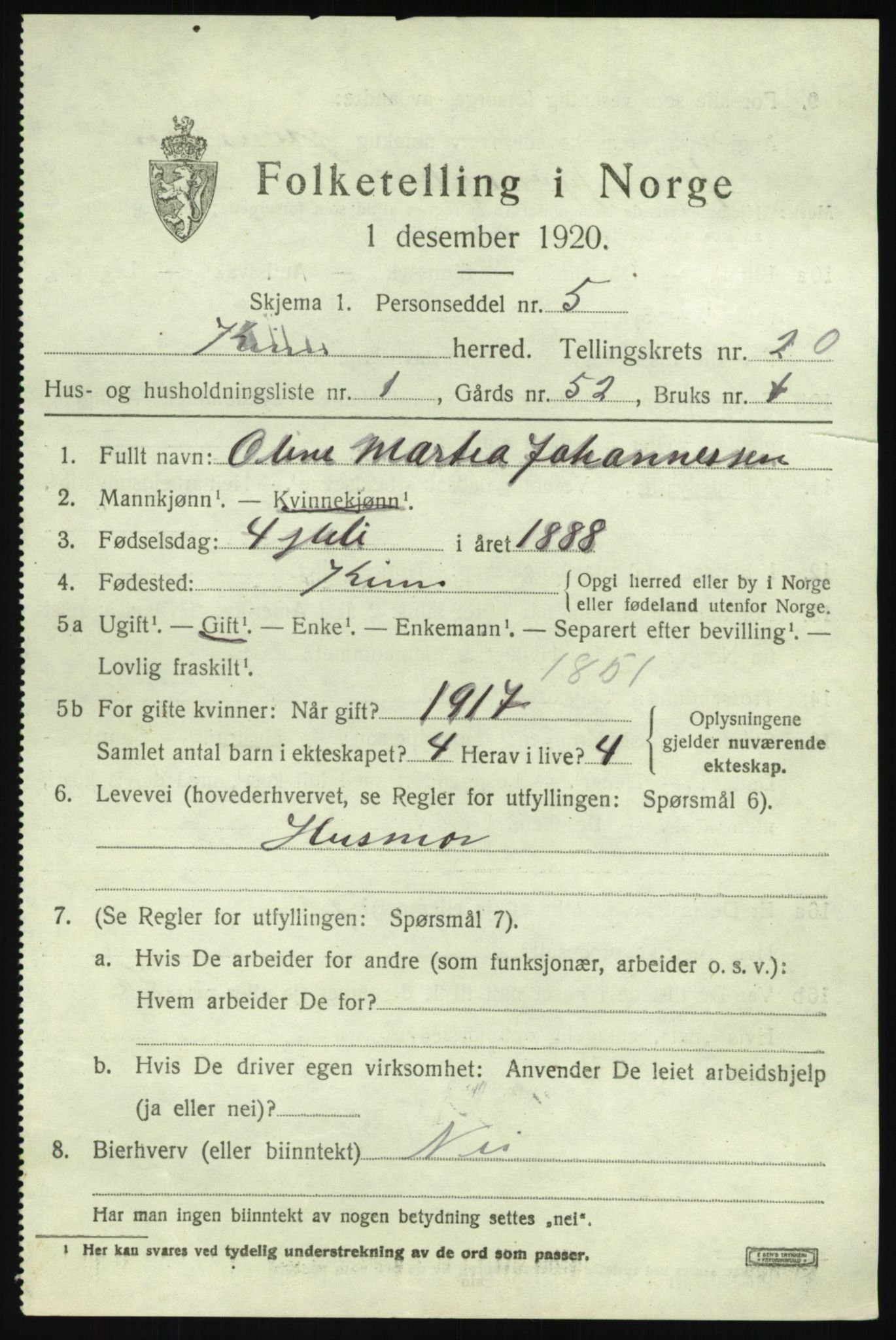 SAB, 1920 census for Kinn, 1920, p. 7161