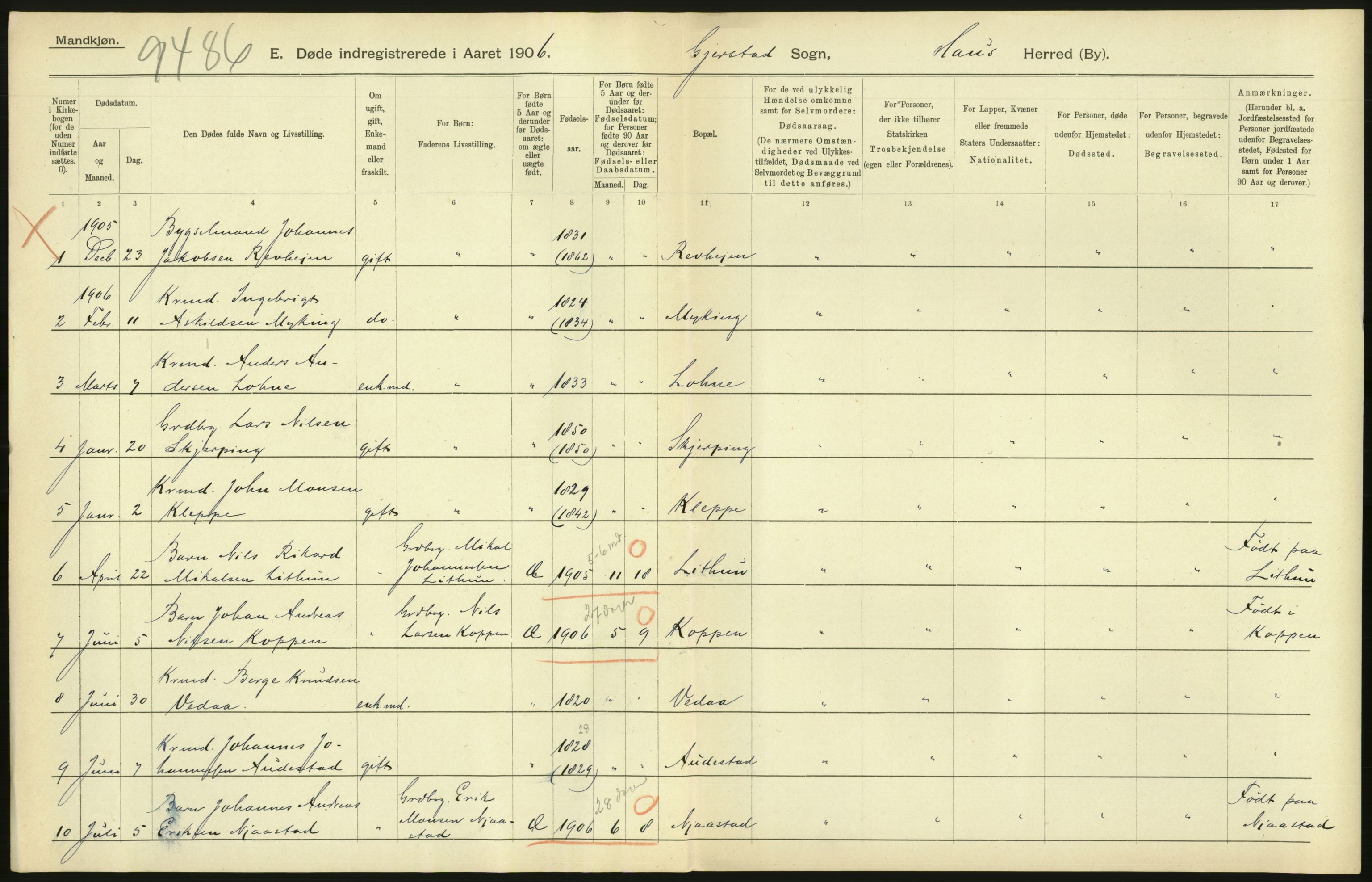 Statistisk sentralbyrå, Sosiodemografiske emner, Befolkning, AV/RA-S-2228/D/Df/Dfa/Dfad/L0030: S. Bergenhus amt: Døde. Bygder., 1906, p. 134