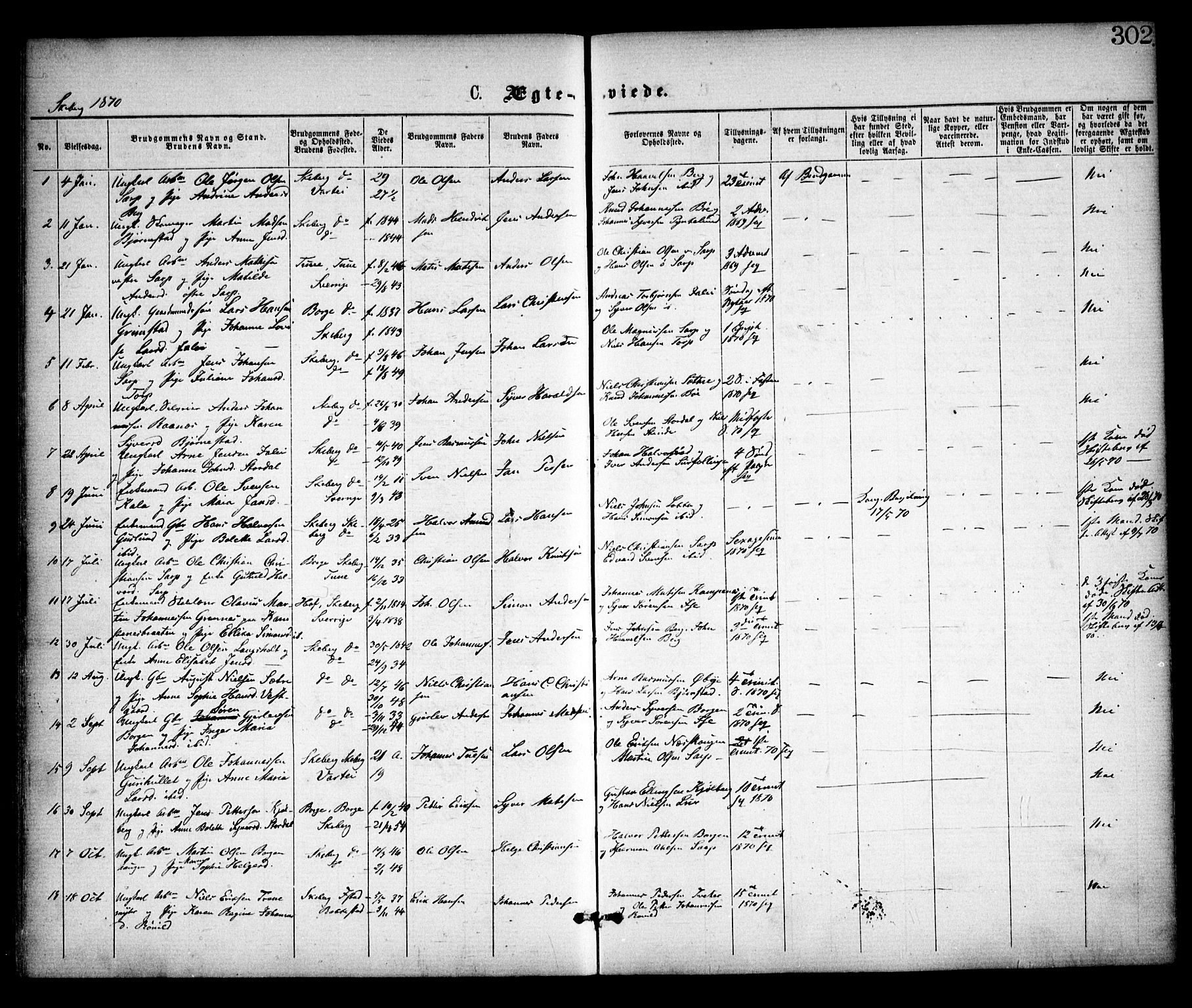 Skjeberg prestekontor Kirkebøker, SAO/A-10923/F/Fa/L0008: Parish register (official) no. I 8, 1869-1885, p. 302