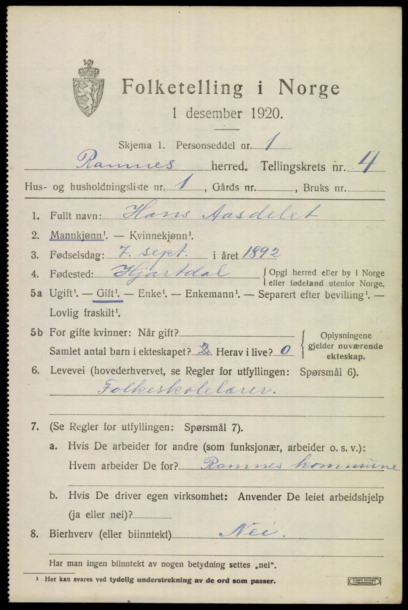 SAKO, 1920 census for Ramnes, 1920, p. 4328