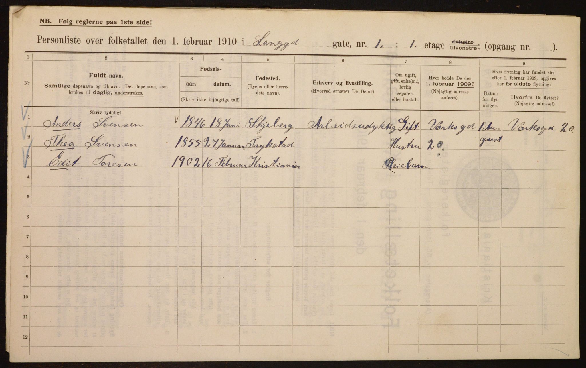 OBA, Municipal Census 1910 for Kristiania, 1910, p. 54452