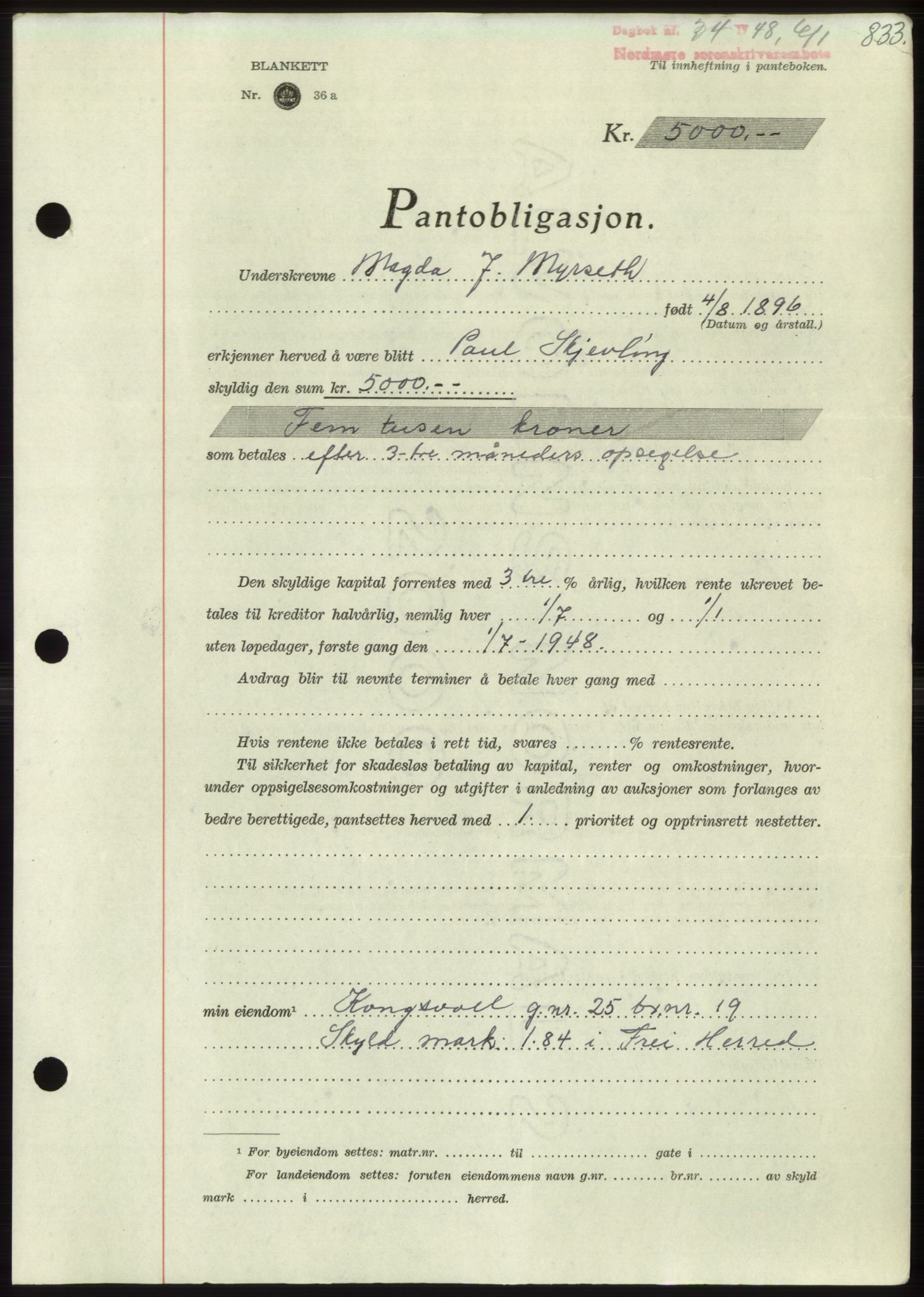 Nordmøre sorenskriveri, AV/SAT-A-4132/1/2/2Ca: Mortgage book no. B97, 1947-1948, Diary no: : 34/1948