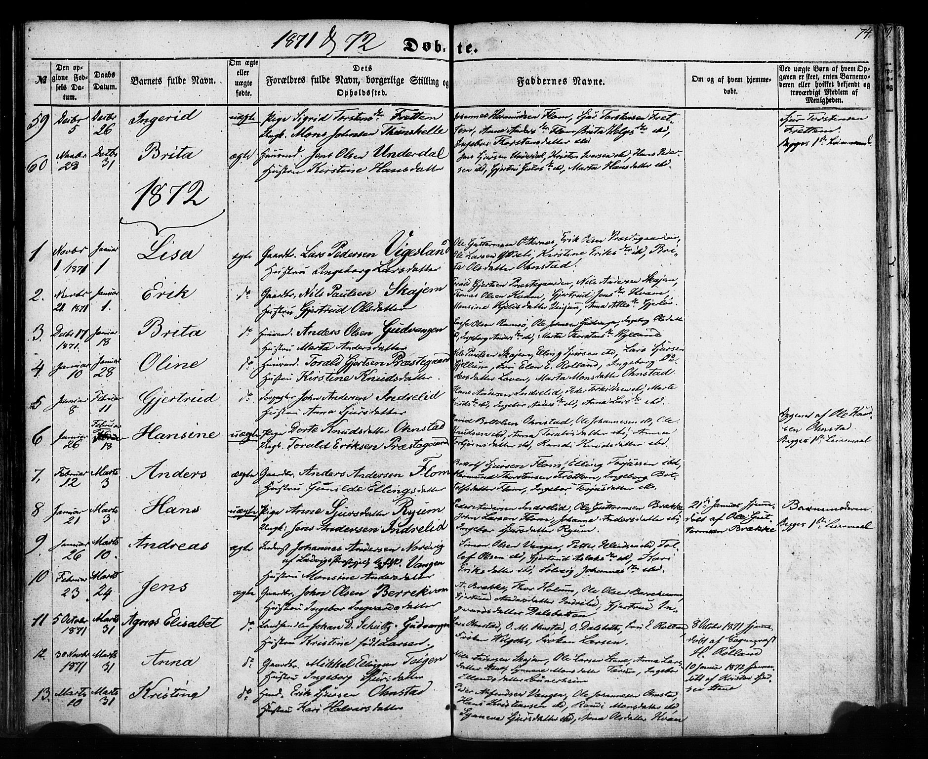 Aurland sokneprestembete, SAB/A-99937/H/Ha/Haa/L0008: Parish register (official) no. A 8, 1853-1879, p. 74