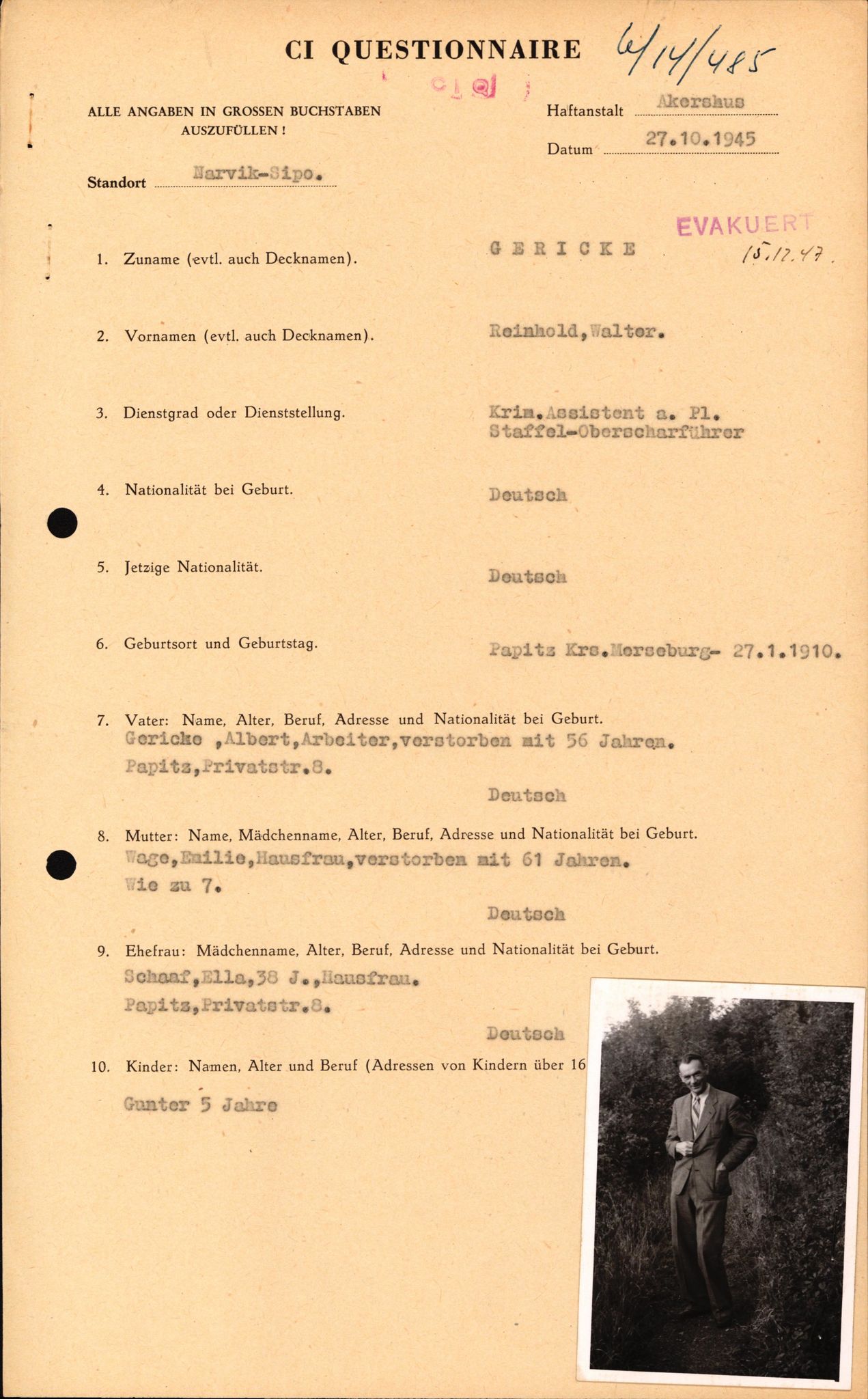 Forsvaret, Forsvarets overkommando II, AV/RA-RAFA-3915/D/Db/L0009: CI Questionaires. Tyske okkupasjonsstyrker i Norge. Tyskere., 1945-1946, p. 397