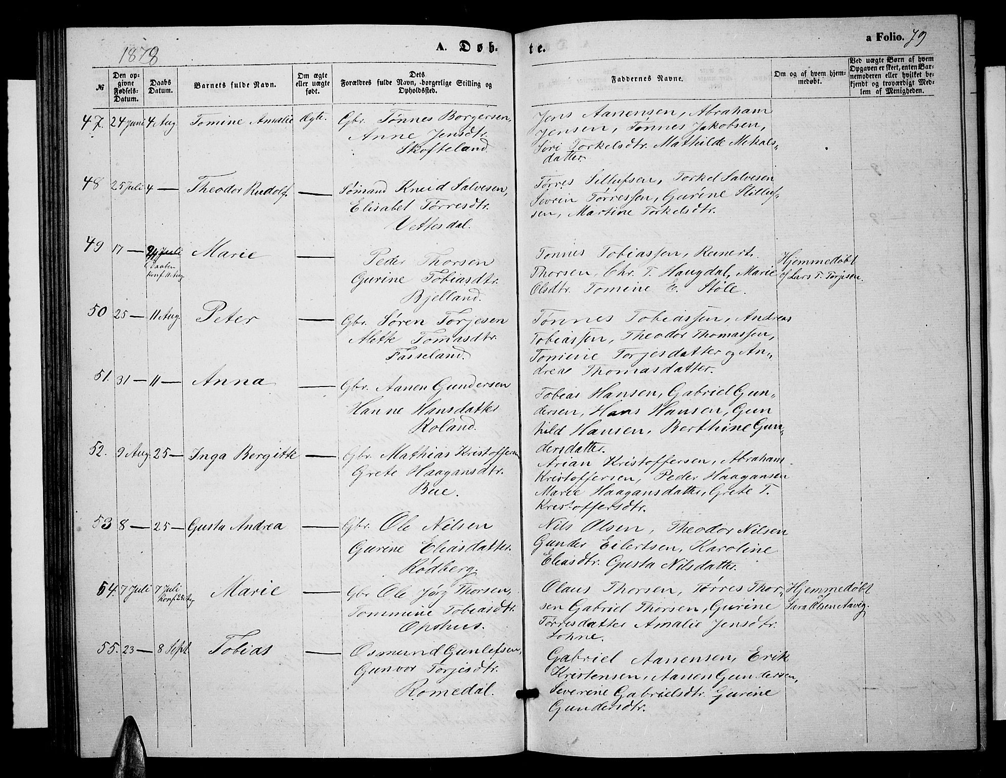Sør-Audnedal sokneprestkontor, SAK/1111-0039/F/Fb/Fbb/L0004: Parish register (copy) no. B 4, 1868-1879, p. 79