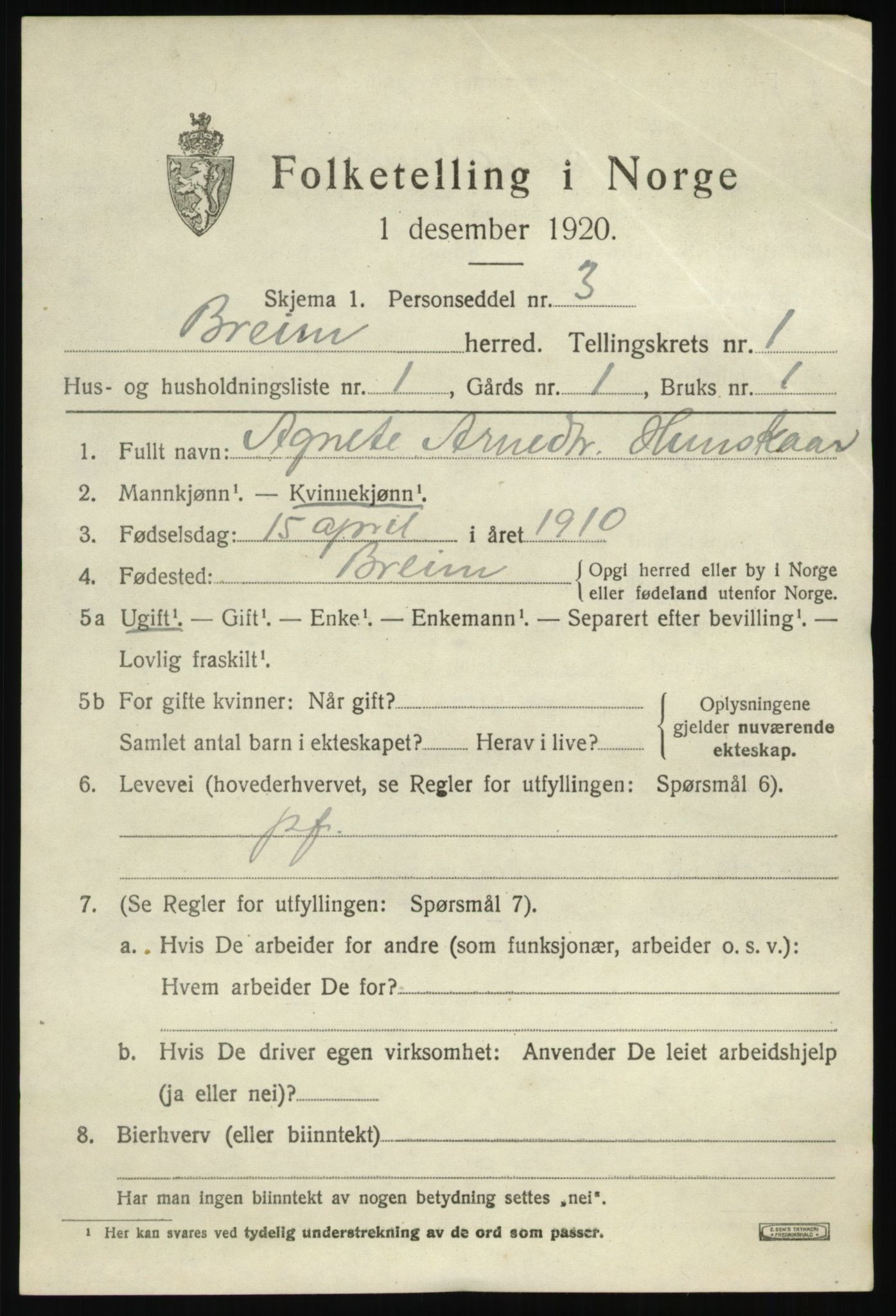 SAB, 1920 census for Breim, 1920, p. 641