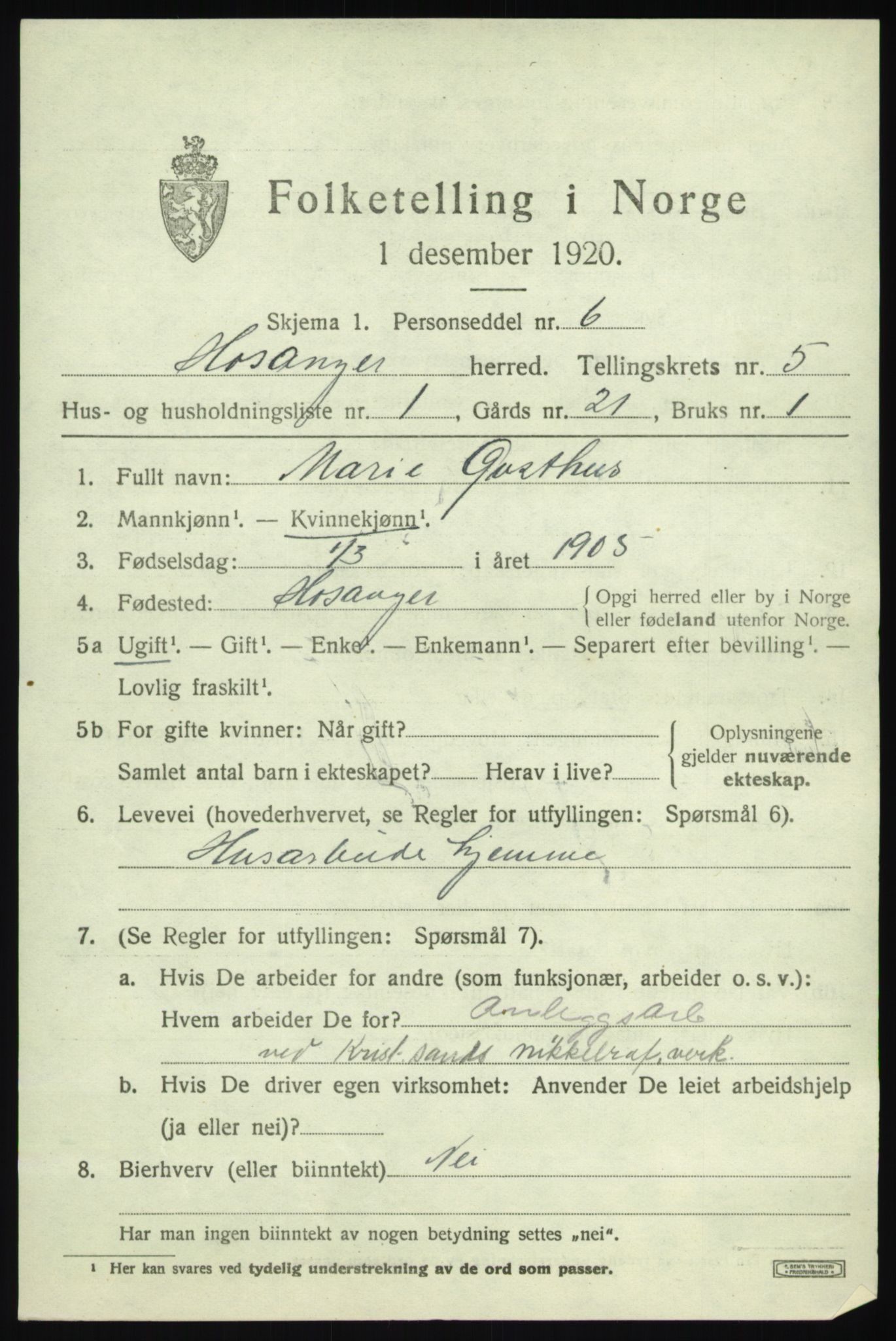 SAB, 1920 census for Hosanger, 1920, p. 2351