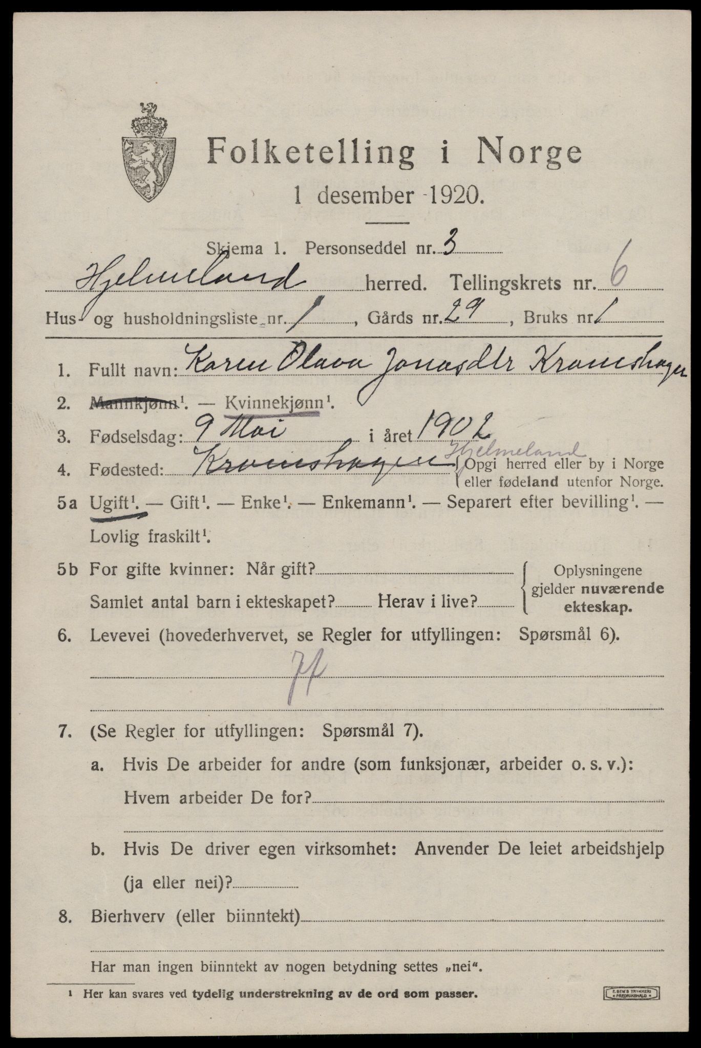 SAST, 1920 census for Hjelmeland, 1920, p. 2045