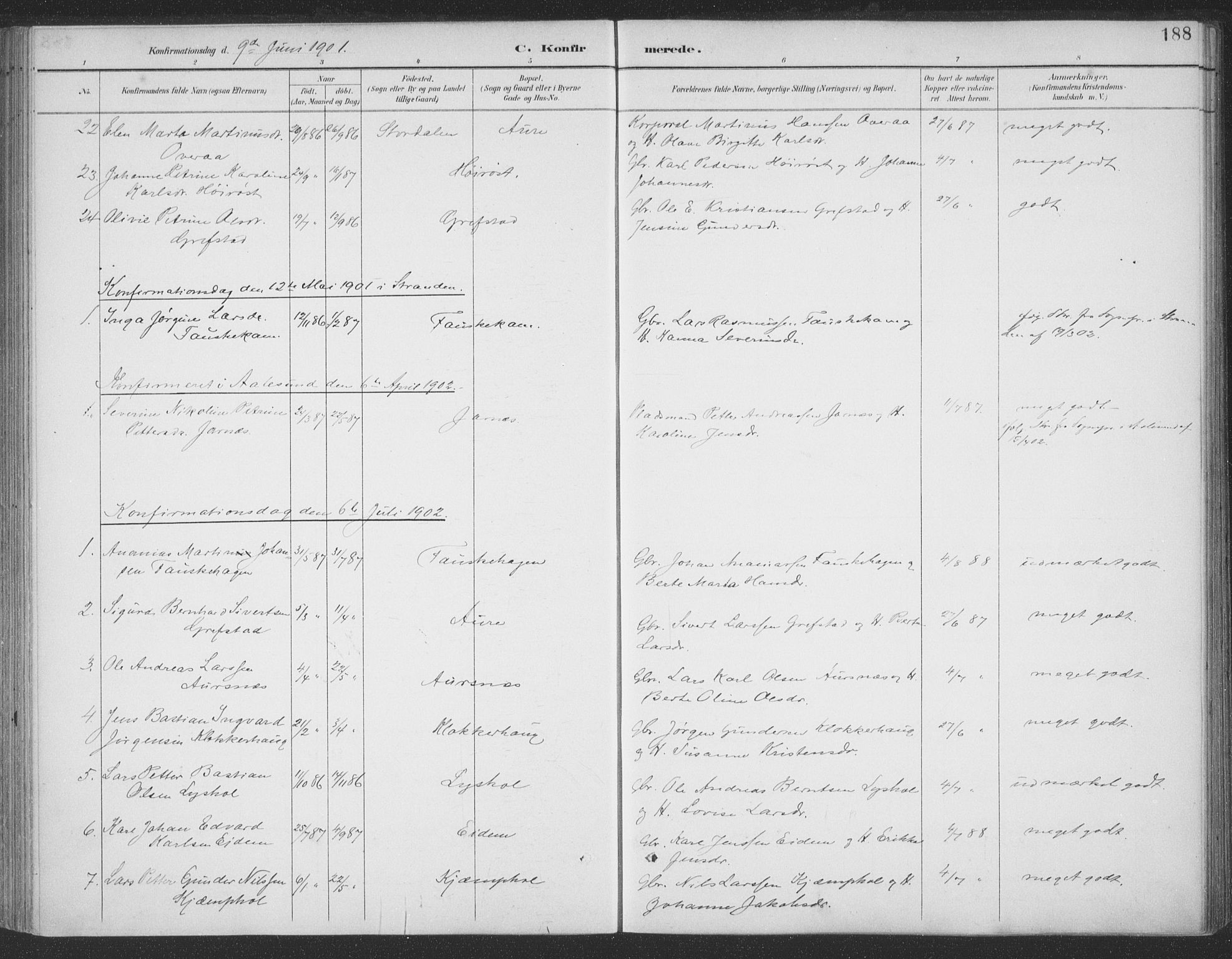 Ministerialprotokoller, klokkerbøker og fødselsregistre - Møre og Romsdal, SAT/A-1454/523/L0335: Parish register (official) no. 523A02, 1891-1911, p. 188