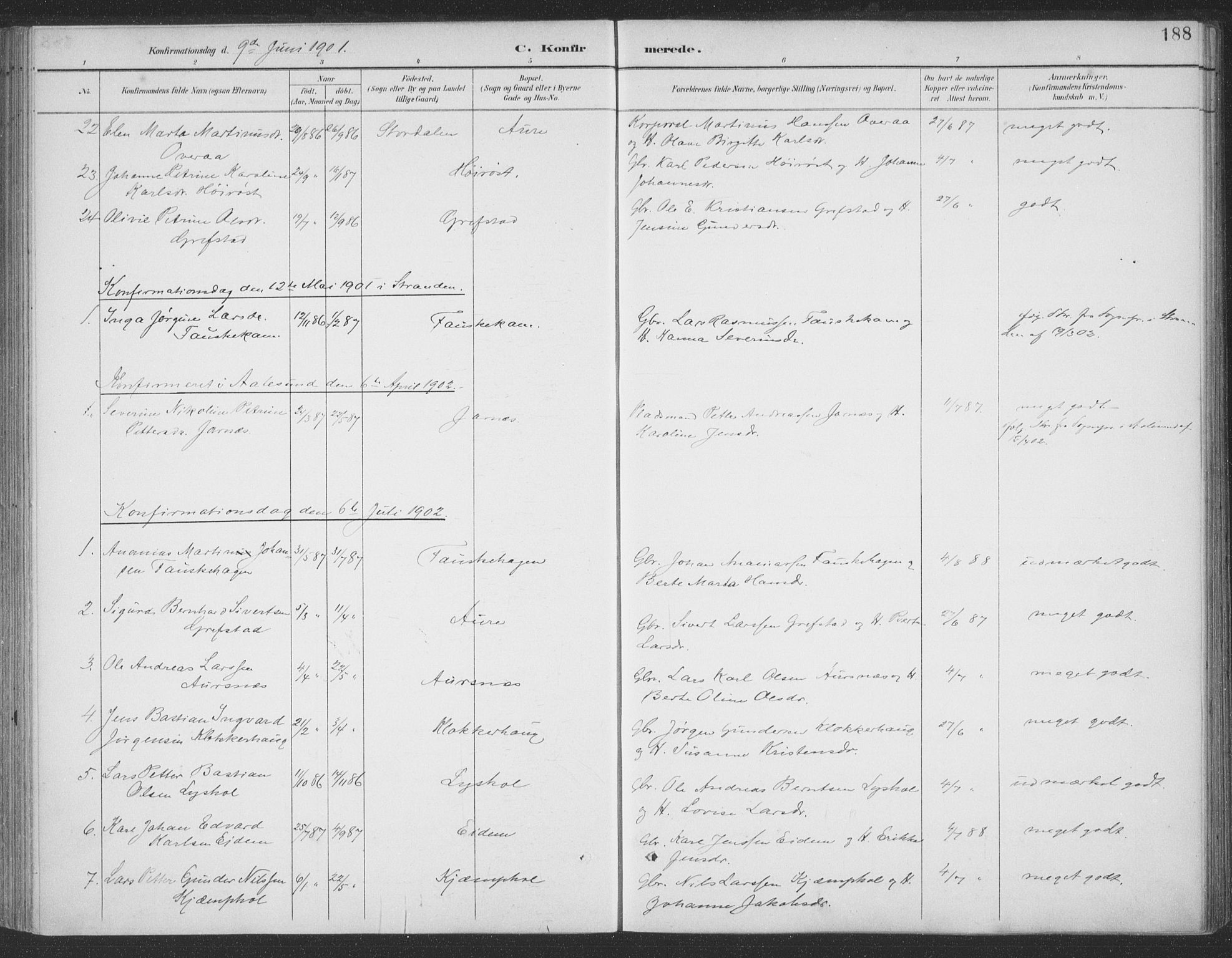 Ministerialprotokoller, klokkerbøker og fødselsregistre - Møre og Romsdal, AV/SAT-A-1454/523/L0335: Parish register (official) no. 523A02, 1891-1911, p. 188