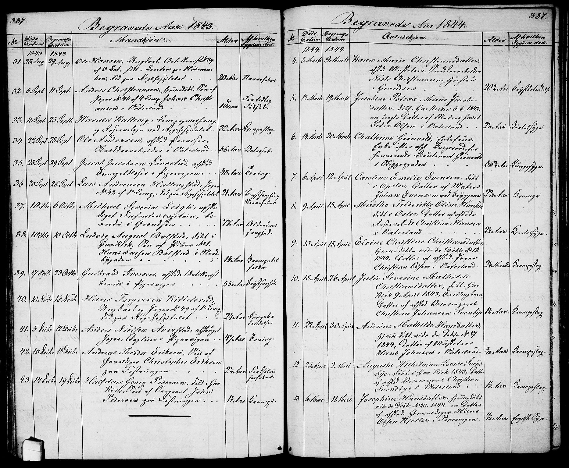 Garnisonsmenigheten Kirkebøker, AV/SAO-A-10846/G/Ga/L0005: Parish register (copy) no. 5, 1841-1860, p. 387