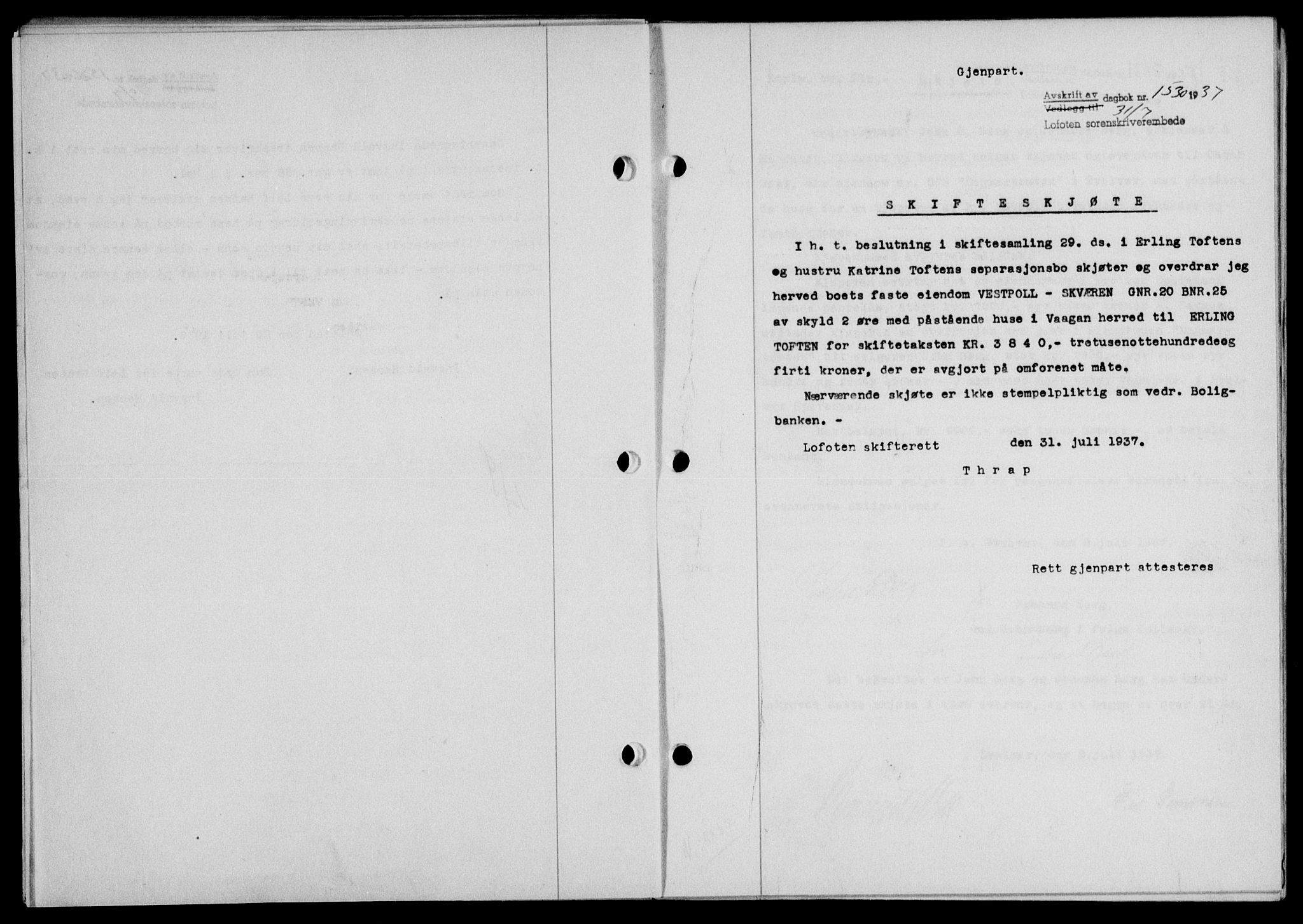 Lofoten sorenskriveri, SAT/A-0017/1/2/2C/L0002a: Mortgage book no. 2a, 1937-1937, Diary no: : 1530/1937