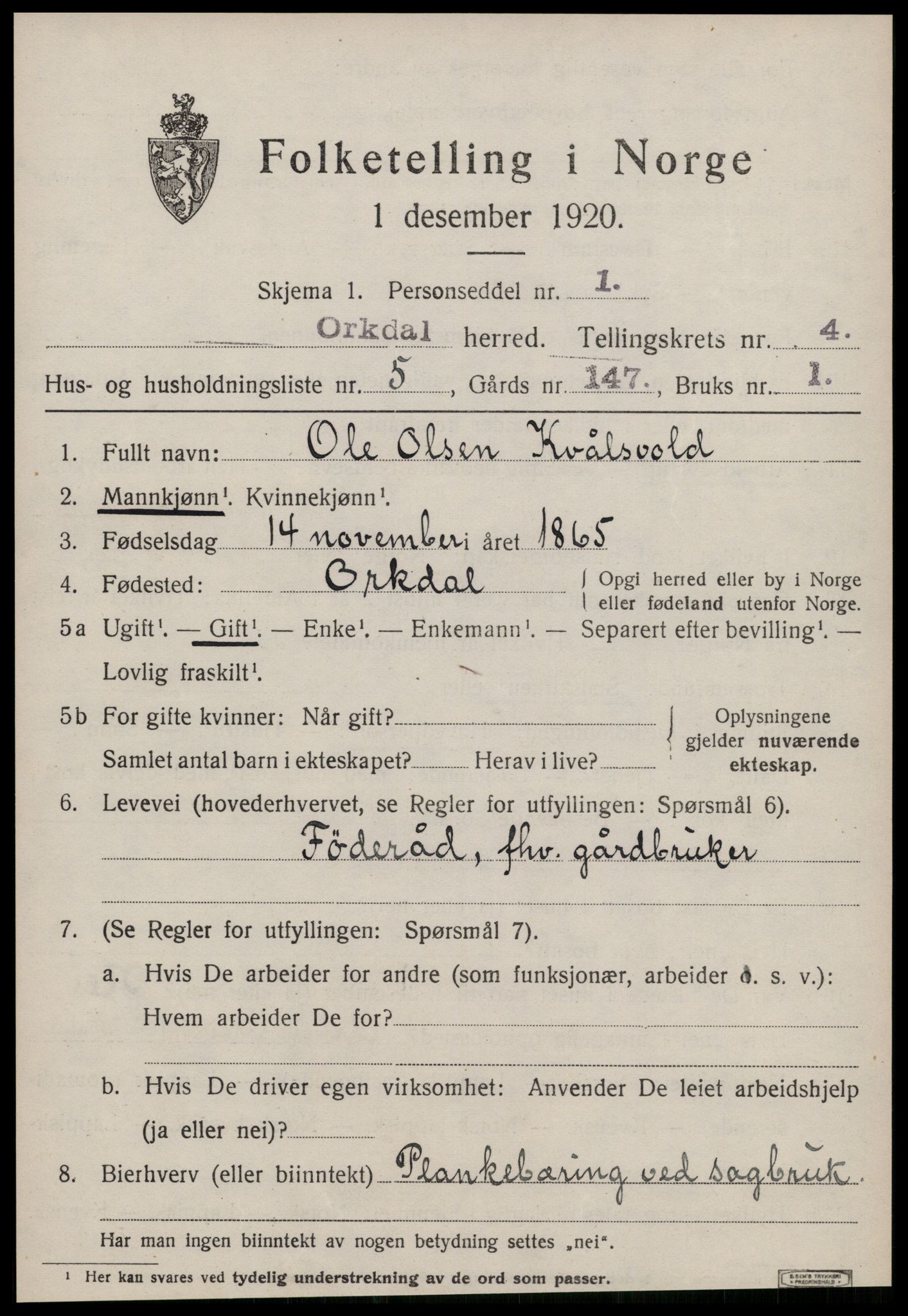 SAT, 1920 census for Orkdal, 1920, p. 3896