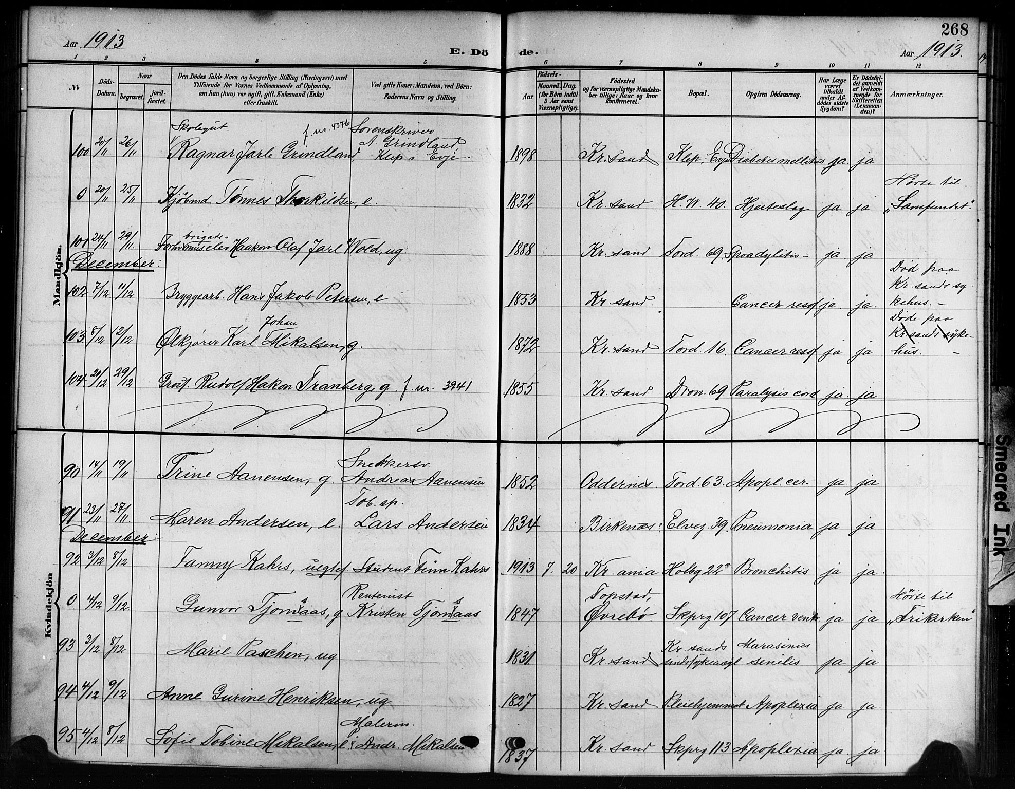 Kristiansand domprosti, AV/SAK-1112-0006/F/Fb/L0020: Parish register (copy) no. B 20, 1906-1915, p. 268